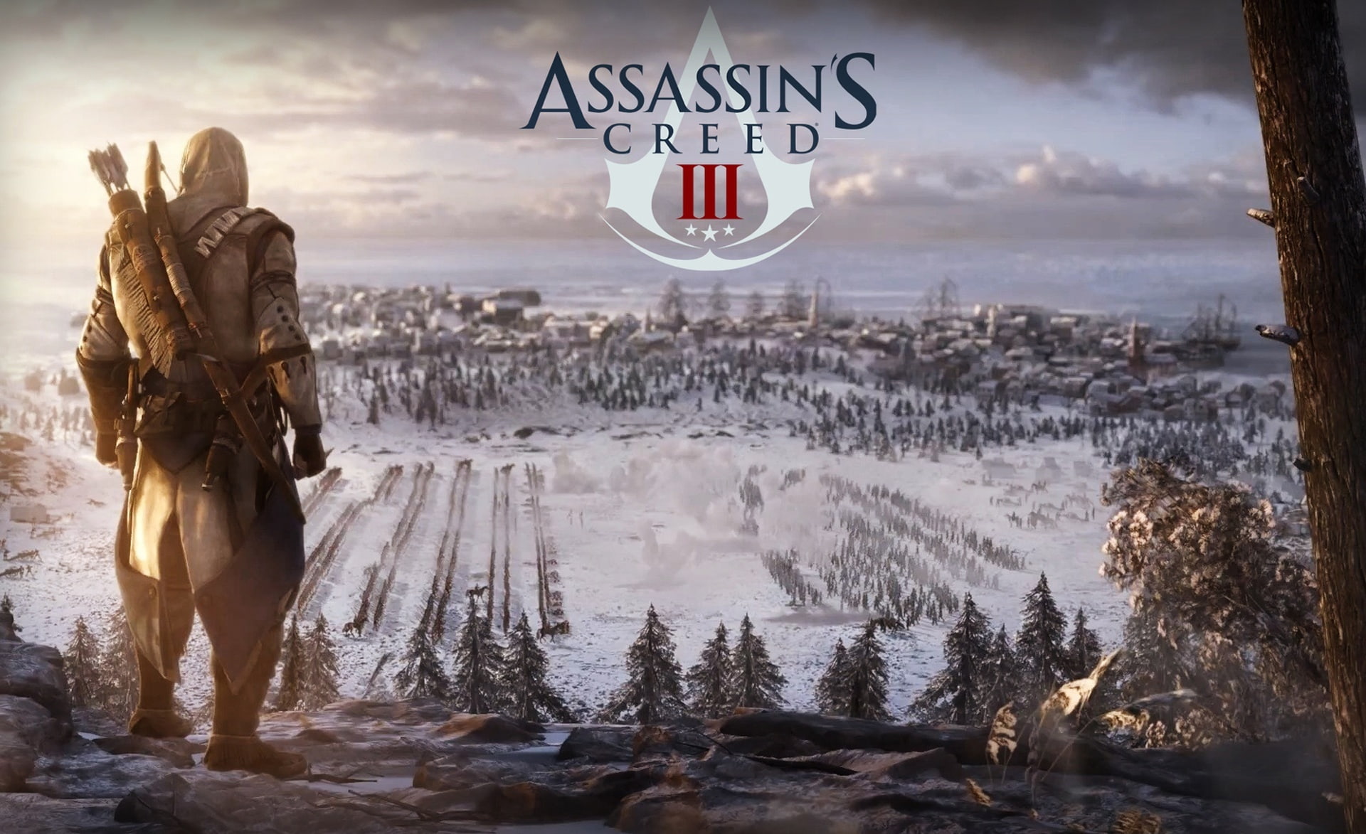 assassins creed iii, field, assassin, screenshot, 1080P, Artwork, sign, western script, non-urban scene, beauty in nature, land, winter, text, warm clothing, HD Wallpaper