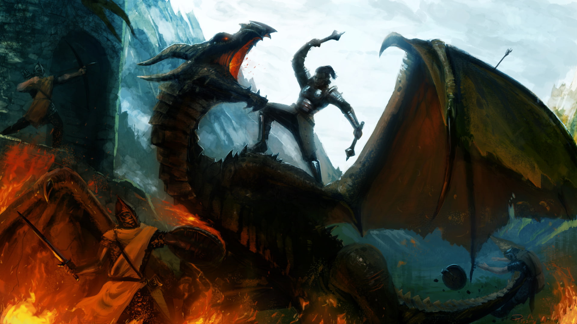 water, sword, creativity, dragon, group of animals, man, statue, 1080P, fighting, art and craft, day, warrior, human representation, sculpture, HD Wallpaper