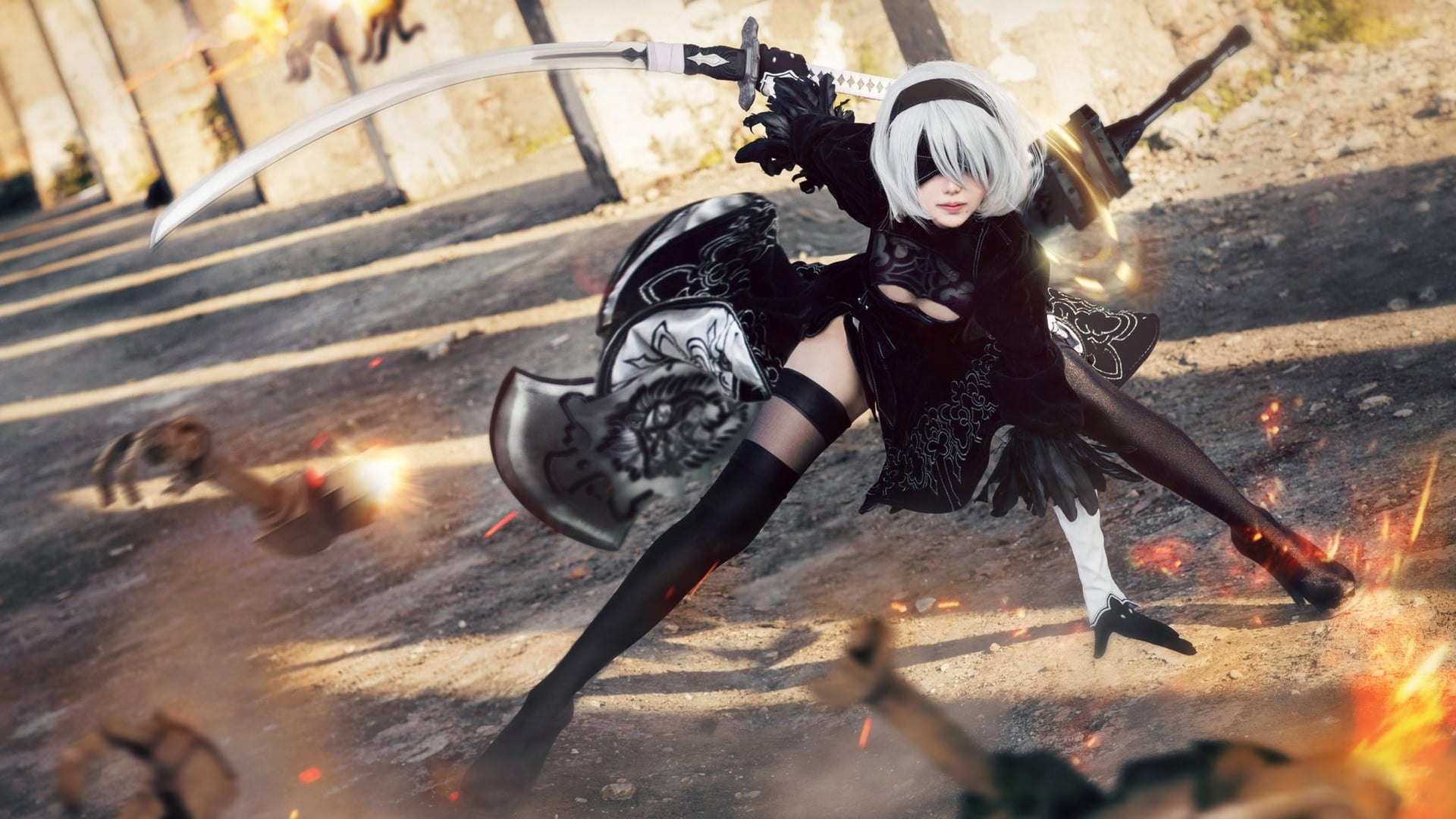1080P, battle, No. 2 Yorha, Nier Automata, sparks, cosplay, HD Wallpaper