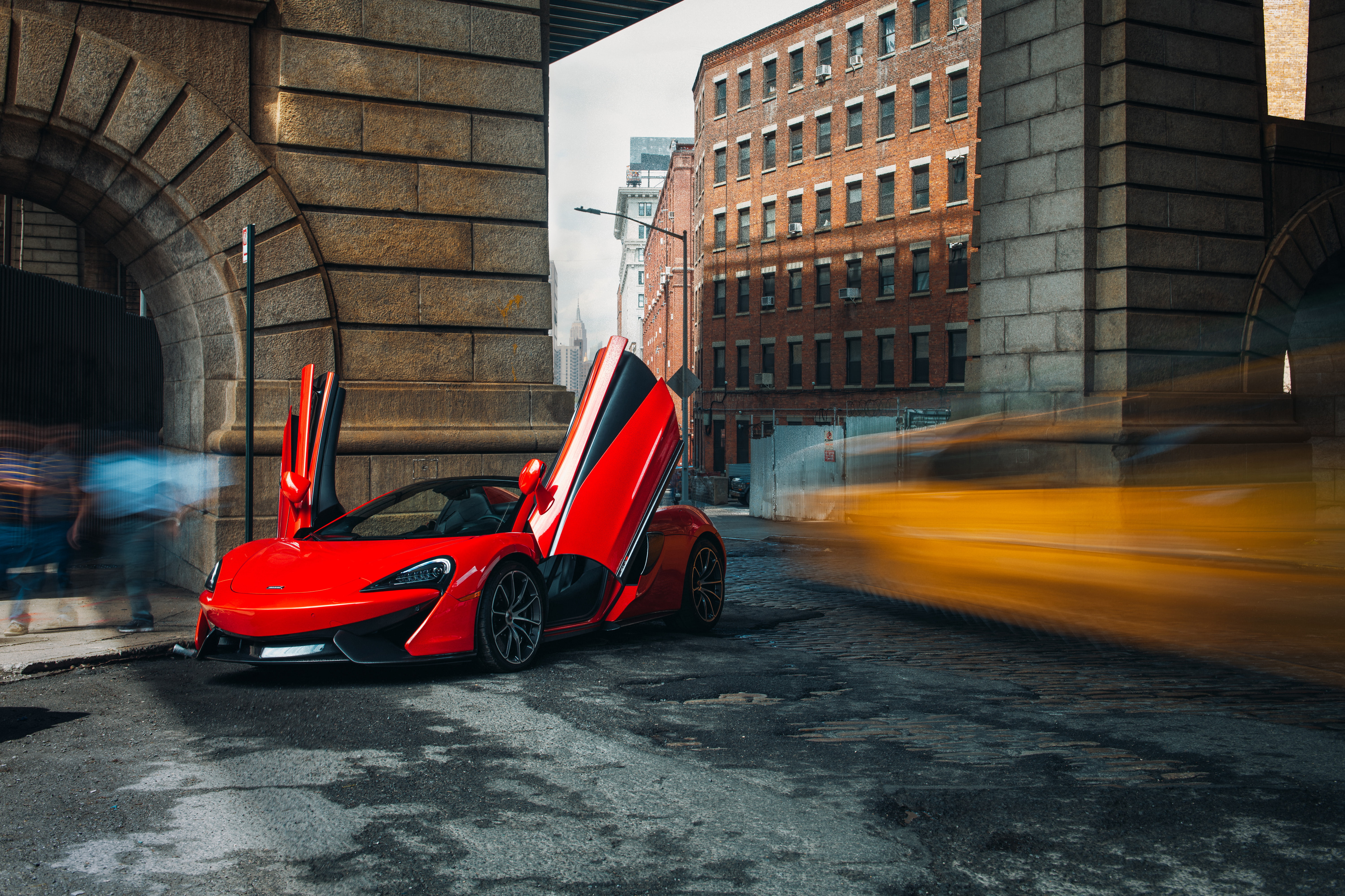 city life, red, 5K, motion, transportation, land vehicle, taxi, architecture, mode of transportation, 5K, city, 2018, McLaren 570S Spider, on the move, HD Wallpaper
