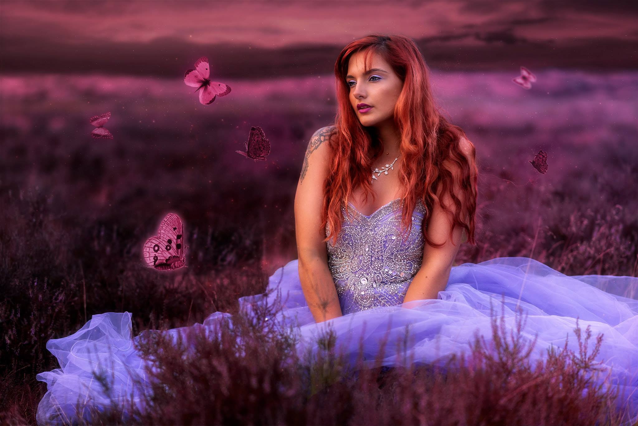 Berthold Zumbrink, PixelFun, dress, Mara Jade, girl, butterfly, 1080P, mood, HD Wallpaper