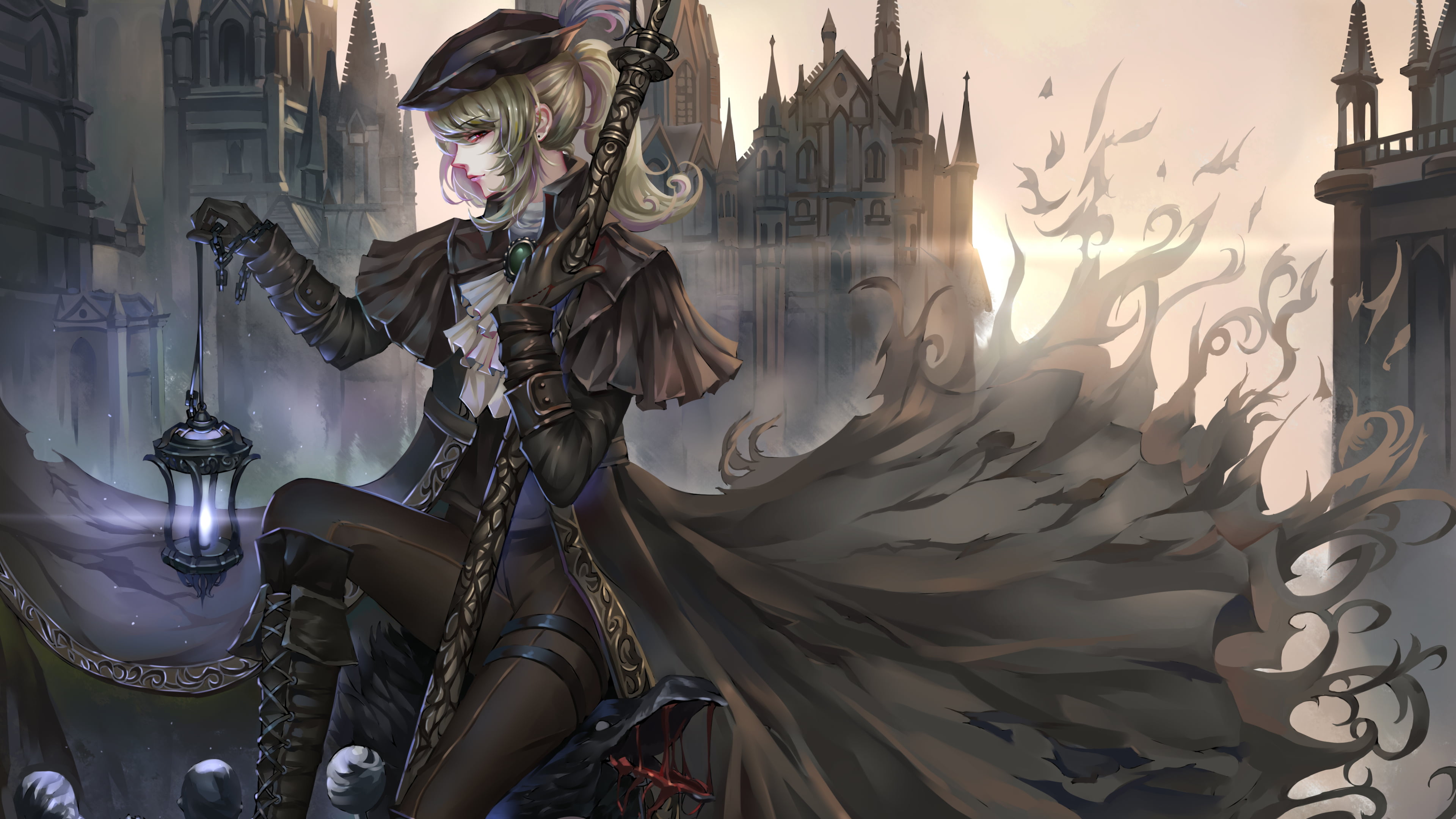 4K, male likeness, women, human representation, front view, building exterior, sculpture, day, reflection, Bloodborne, video games, building, lantern, HD Wallpaper
