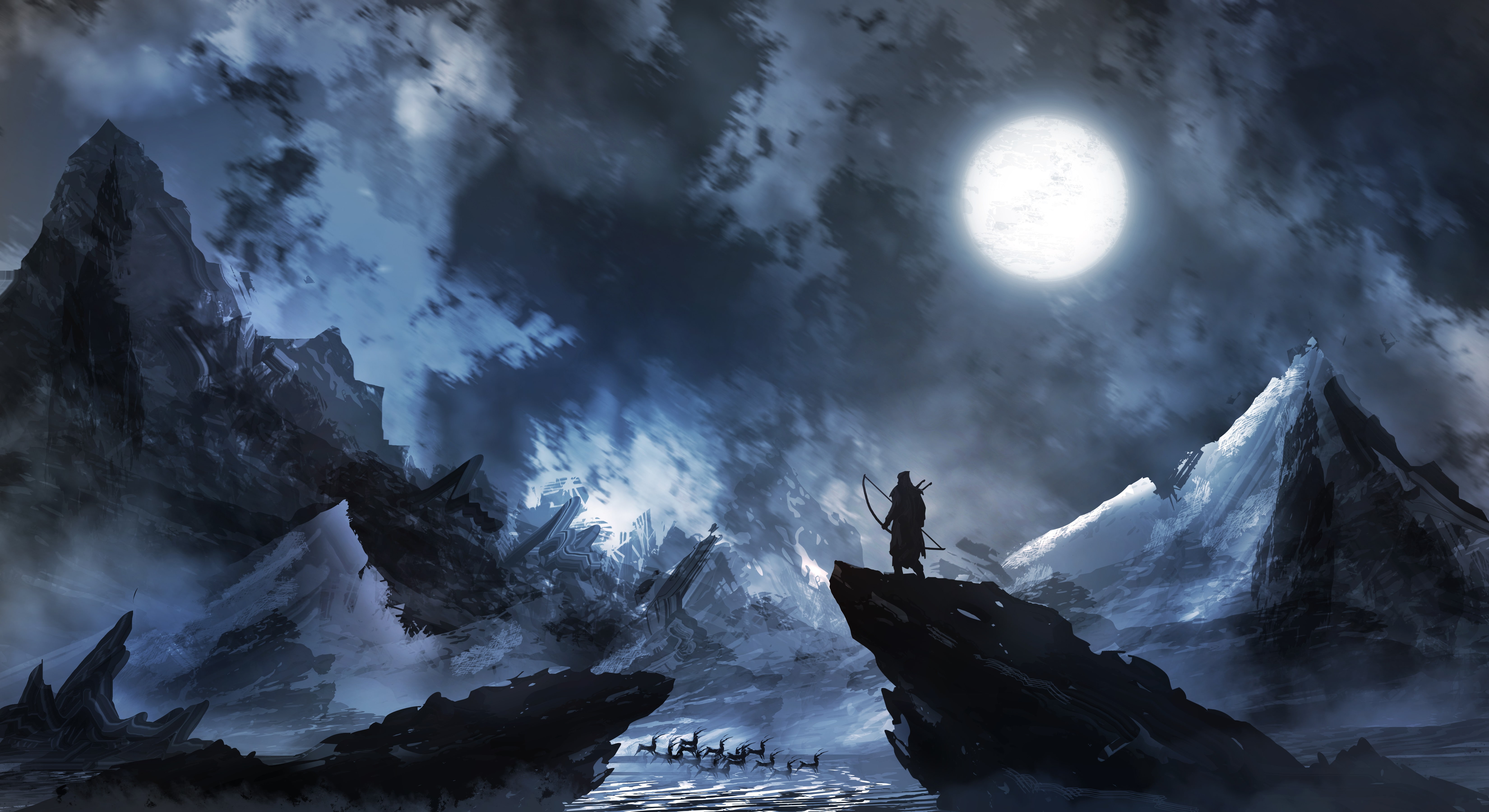 hunter, night, fantasy art, snow, Moon, 5K, HD Wallpaper