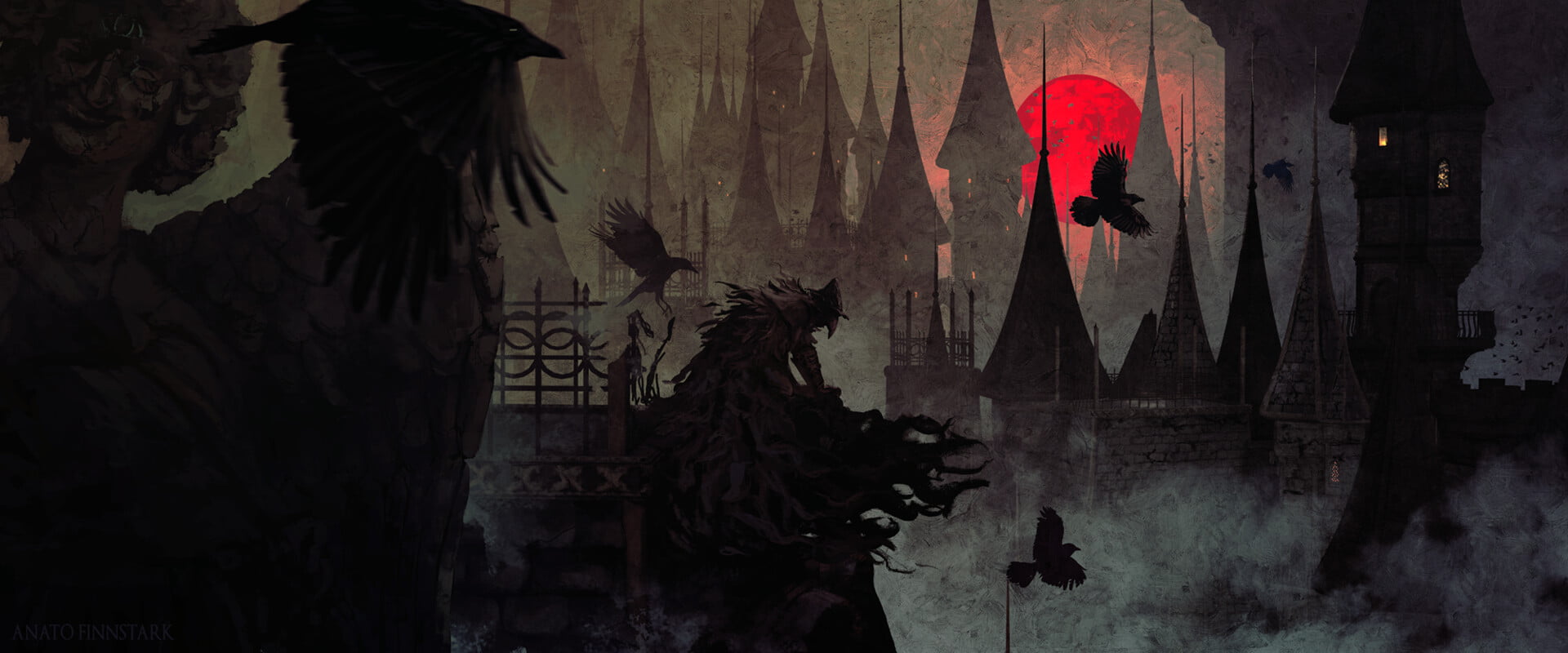 hunter, Blood moon, crow, fantasy art, 1080P, HD Wallpaper