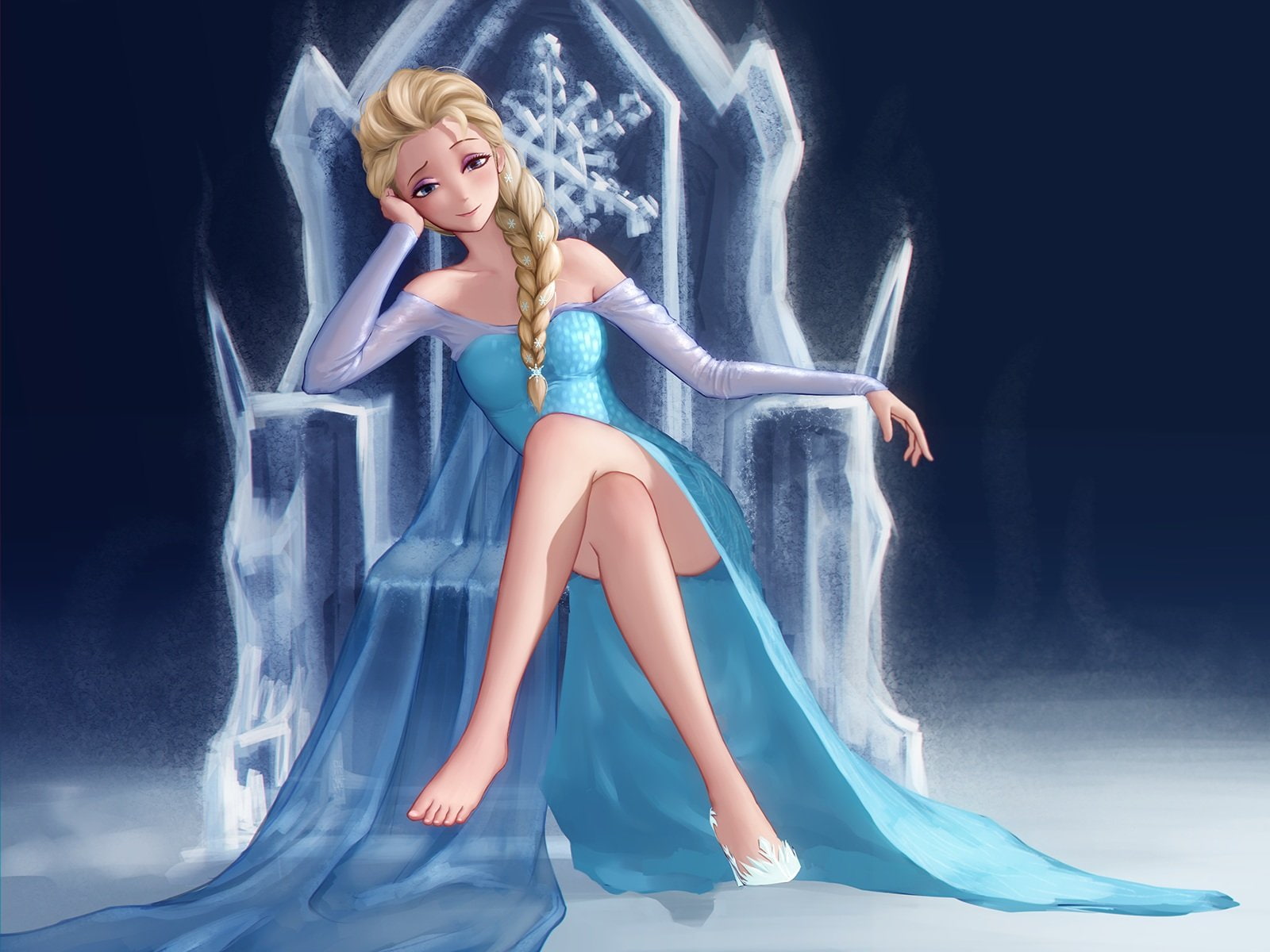 dress, 720P, blonde, hair, frozen, braids, blue, 1frozen, eyes, barefoot, elsa, HD Wallpaper