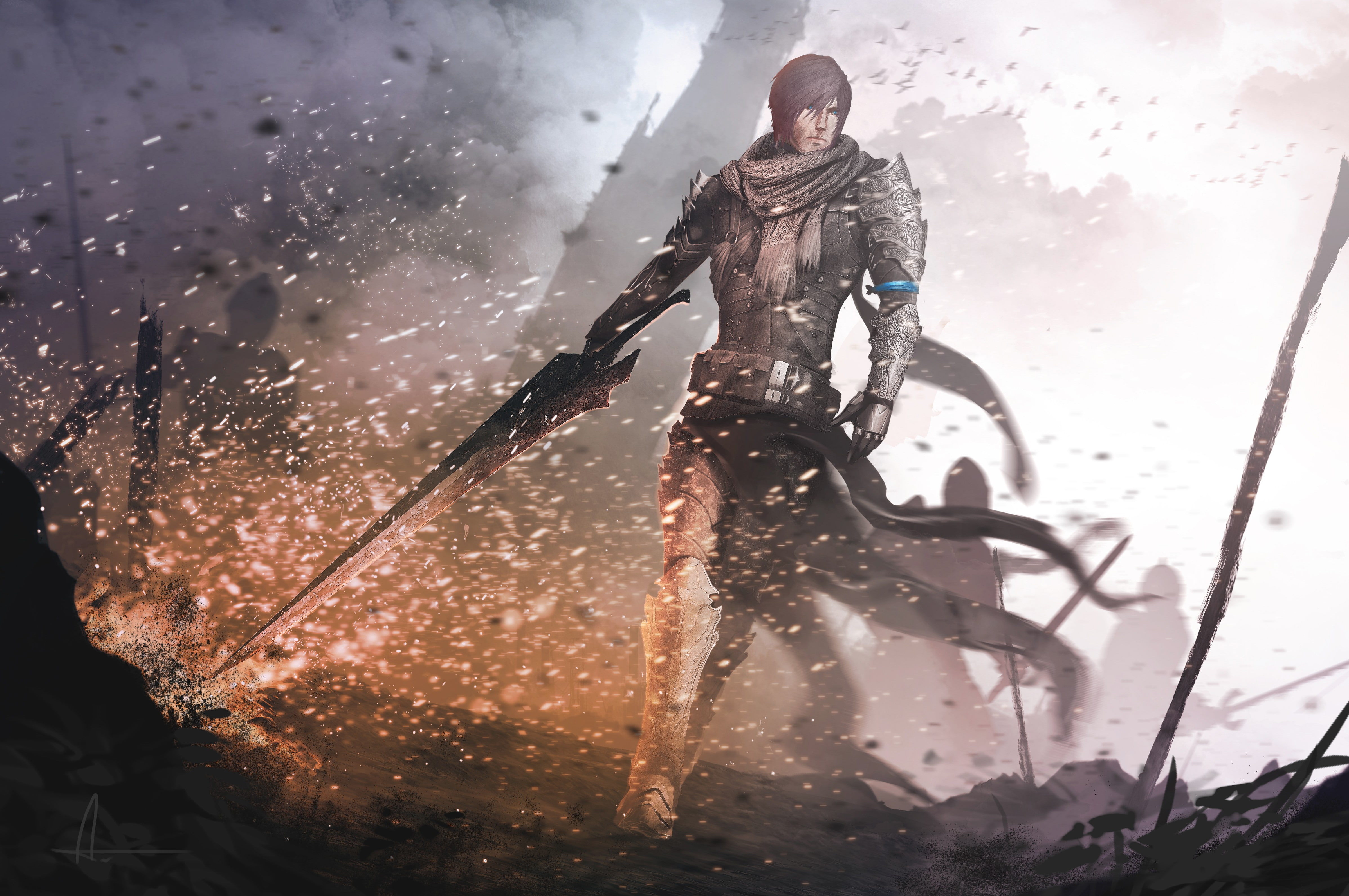sword, 4K, digital art, wings, warrior, armor, fantasy art, HD Wallpaper