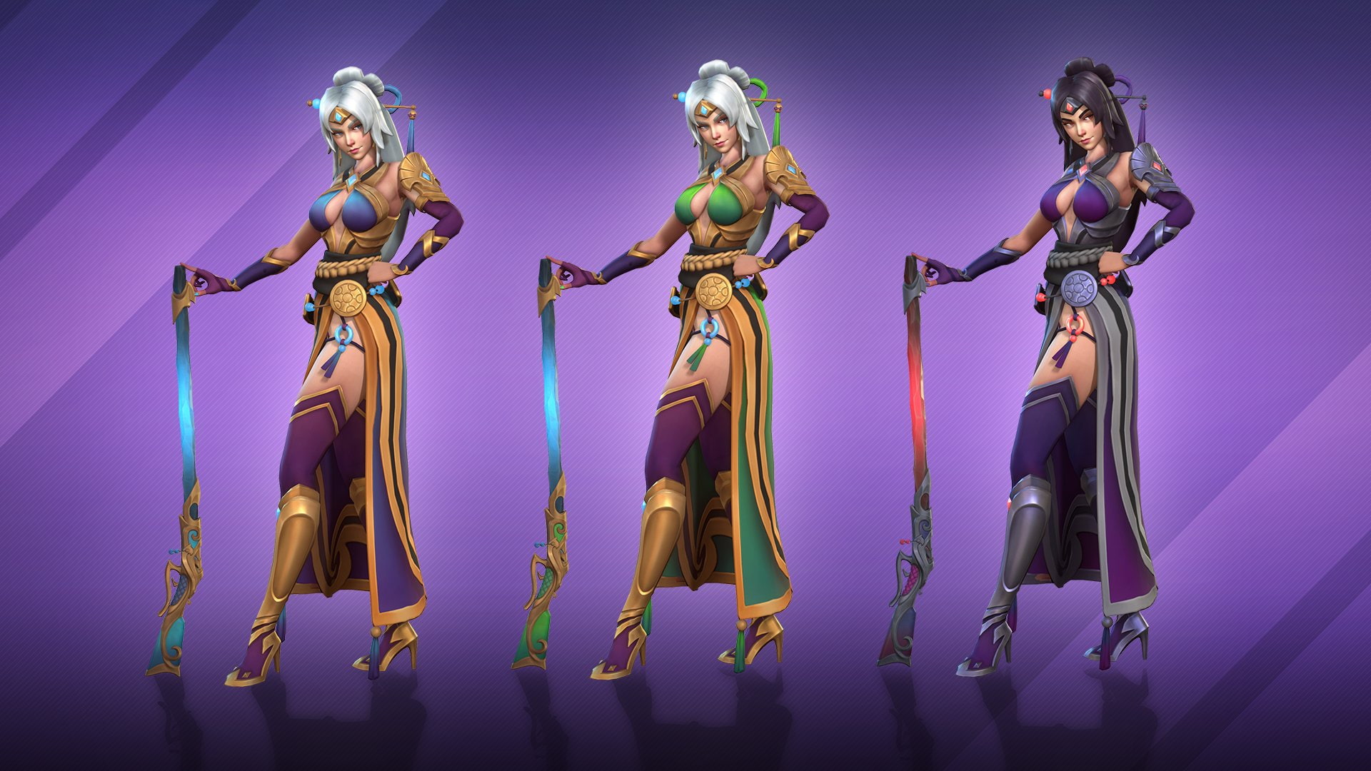 Thigh Highs, High Heels, Glove, Gun, Girl, Black Hair, White Hair, 1080P, Smile, Weapon, Video Game, Lian (Paladins), Purple Dress, Belt, Armor, Paladins, HD Wallpaper
