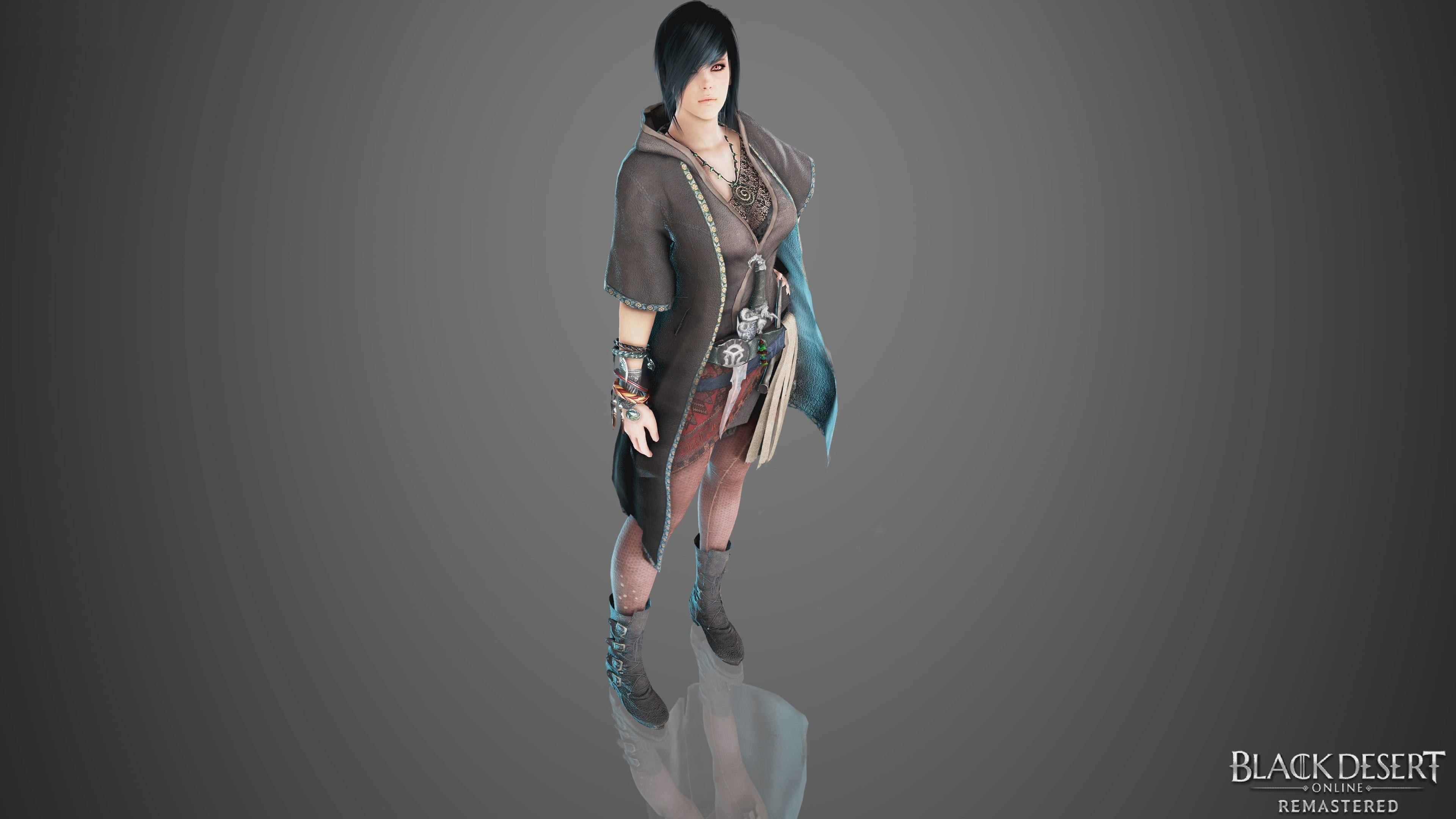 Black Desert, teen, rings, long boots, chains, necklace, video games, crimson, 4K, Mystery, Spirit, Gothic, skirt, belt buckle, eyes, red, eyeliner, voodoo doll, HD Wallpaper