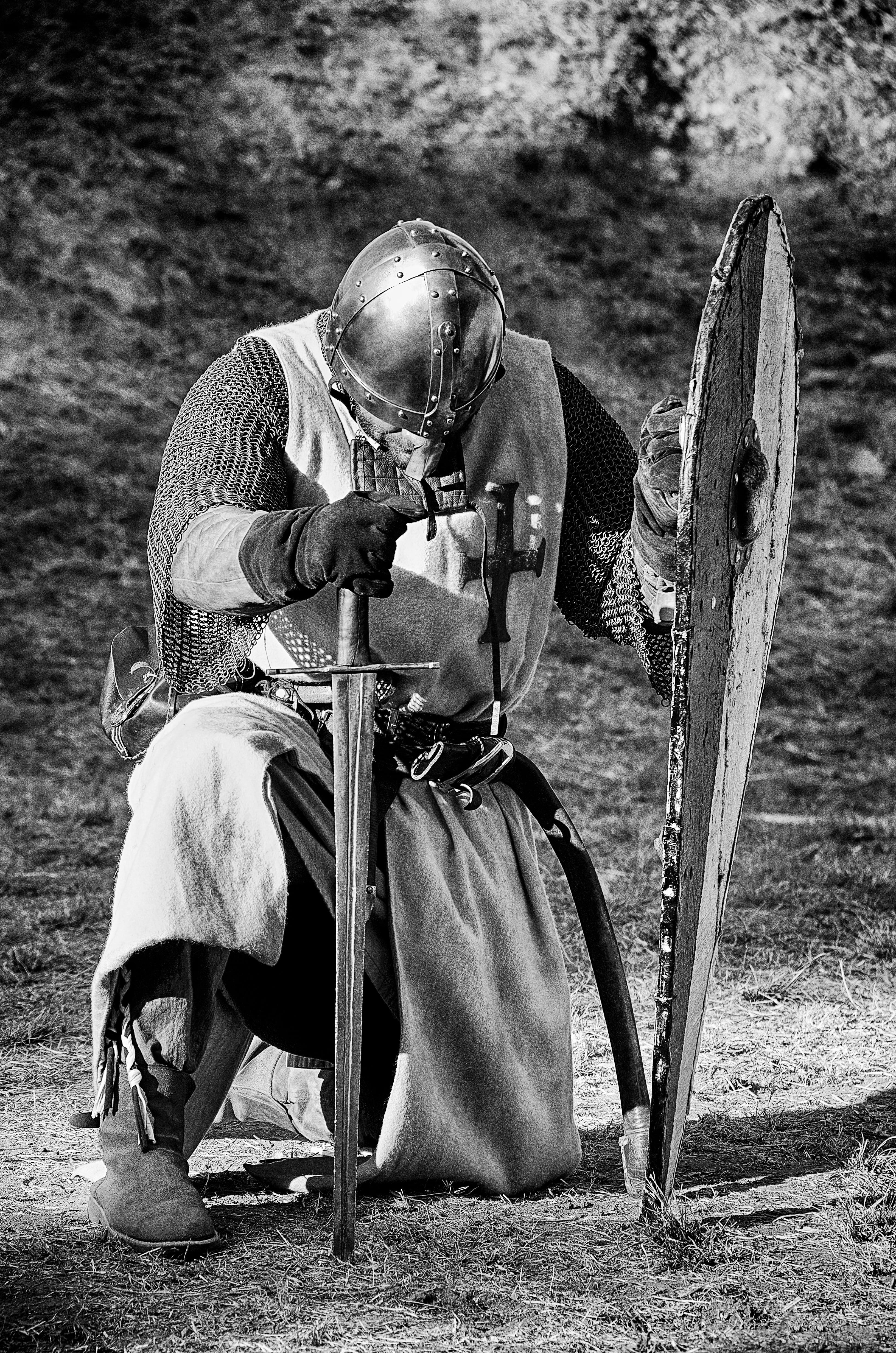 nature, 4K, headwear, full length, holding, sitting, lifestyles, clothing, photo, leisure activity, grayscale, helmet, day, portrait, sword, weapon, old-fashioned, Phone HD Wallpaper