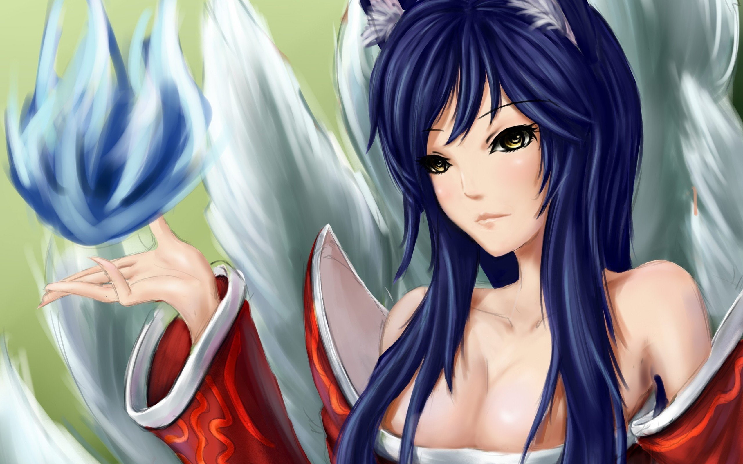 eyes, girls, legends, women, league, blue, games, 2K, magic, digital, fox, tails, art, video, ears, long, artwork, animal, hair, yellow, ahri, HD Wallpaper