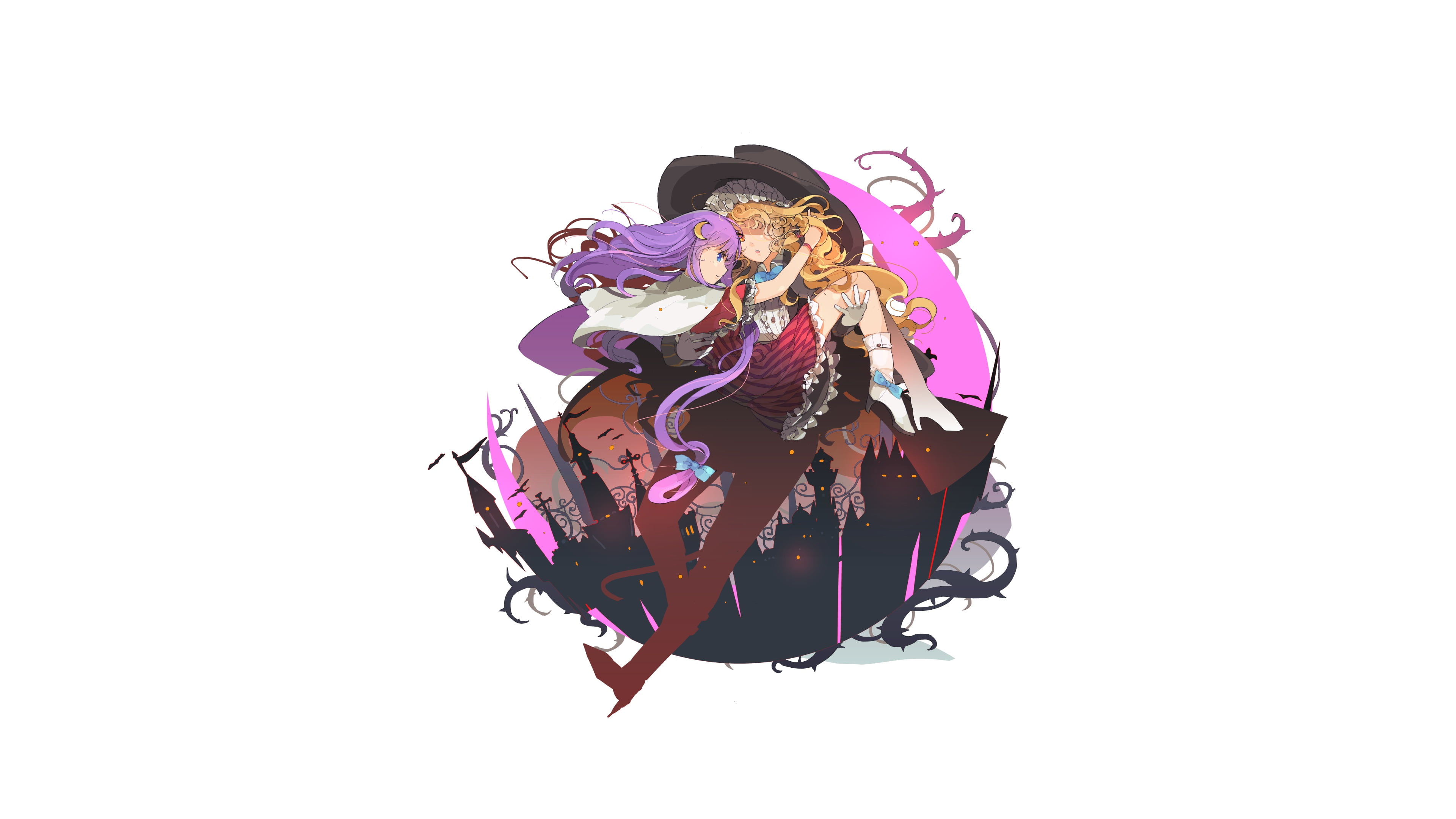 halloweeen, game, Touhou Project, dress, hair, spike, trees, bears, white, the city, blndin, 4K, the moon, sorceress, lilac, magik, yellow, shoes, Marisa Kirisame, HD Wallpaper