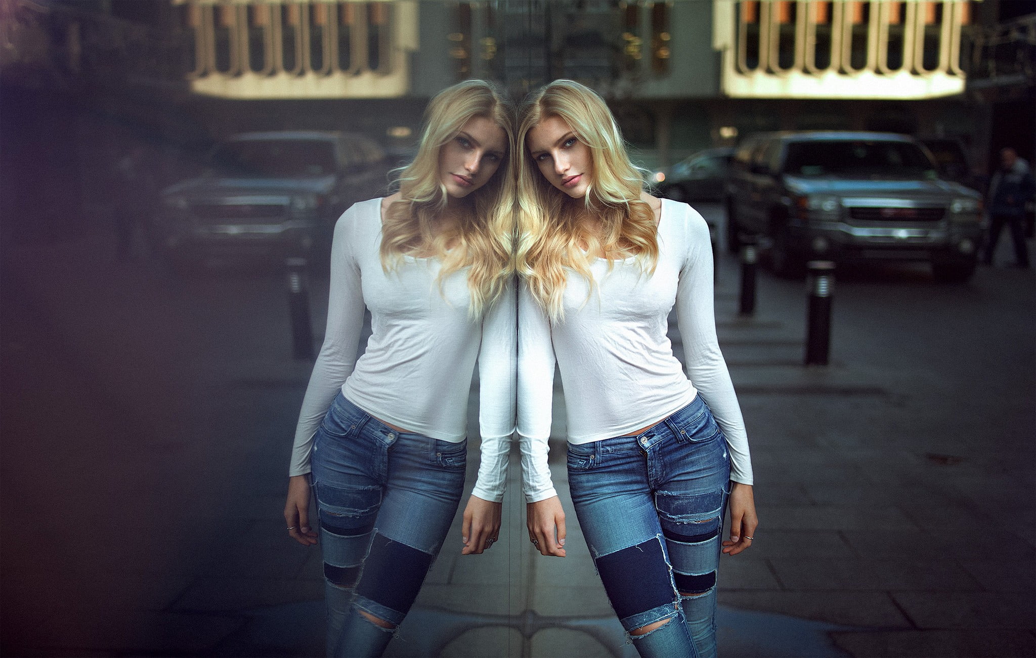beautiful woman, women, hairstyle, teenager, adult, portrait, people, friendship, reflection, positive emotion, front view, blond hair, urban, beauty, togetherness, HD Wallpaper