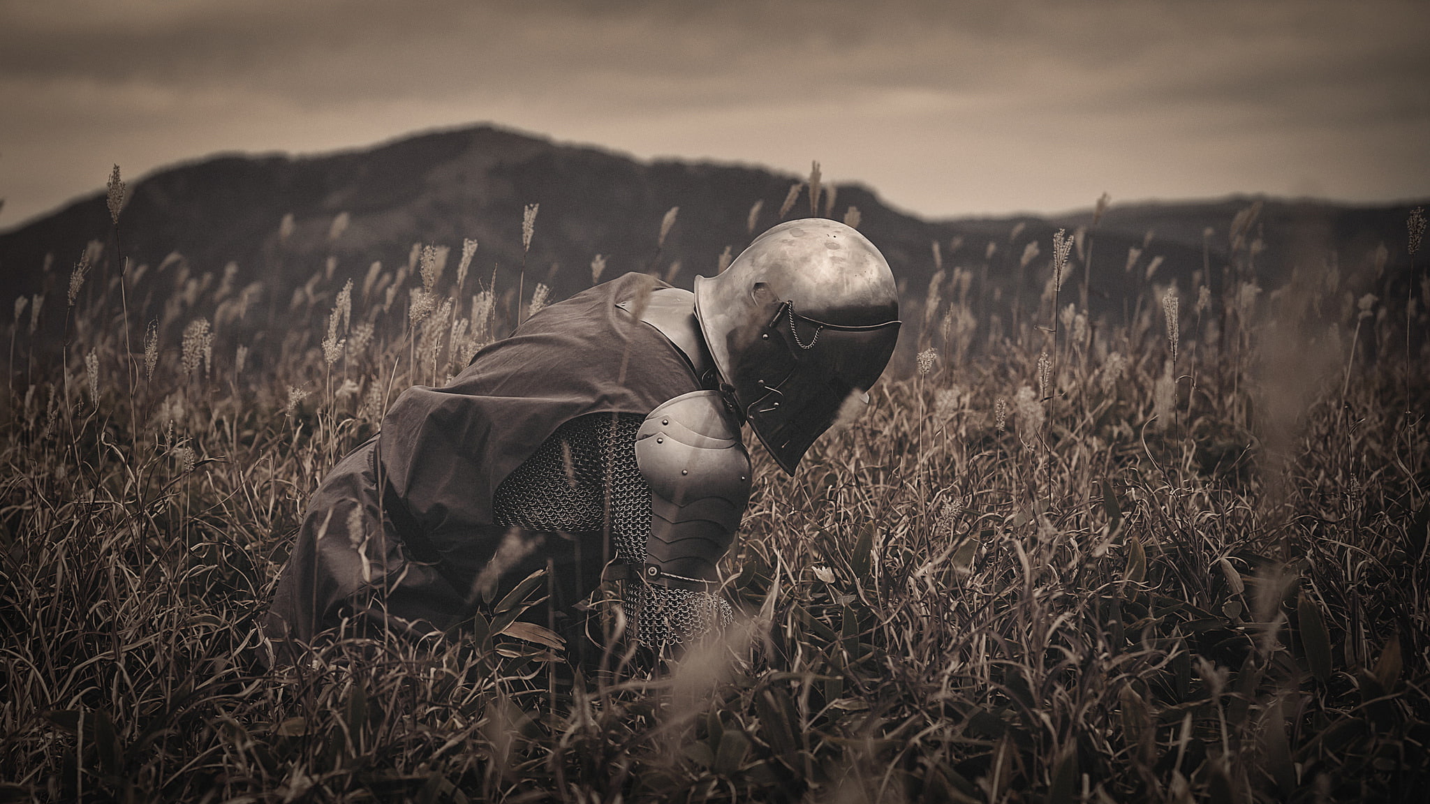 knight, warrior, armor, metal, grass, nature, 1080P, helmet, field, HD Wallpaper