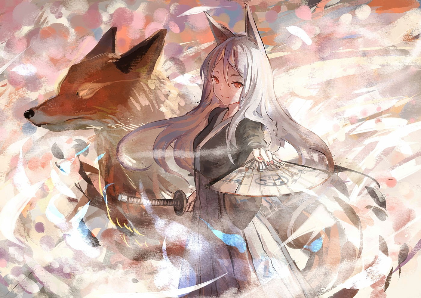 fox, animal ears, kitsunemimi, 720P, katana, Pixiv Fantasia, HD Wallpaper