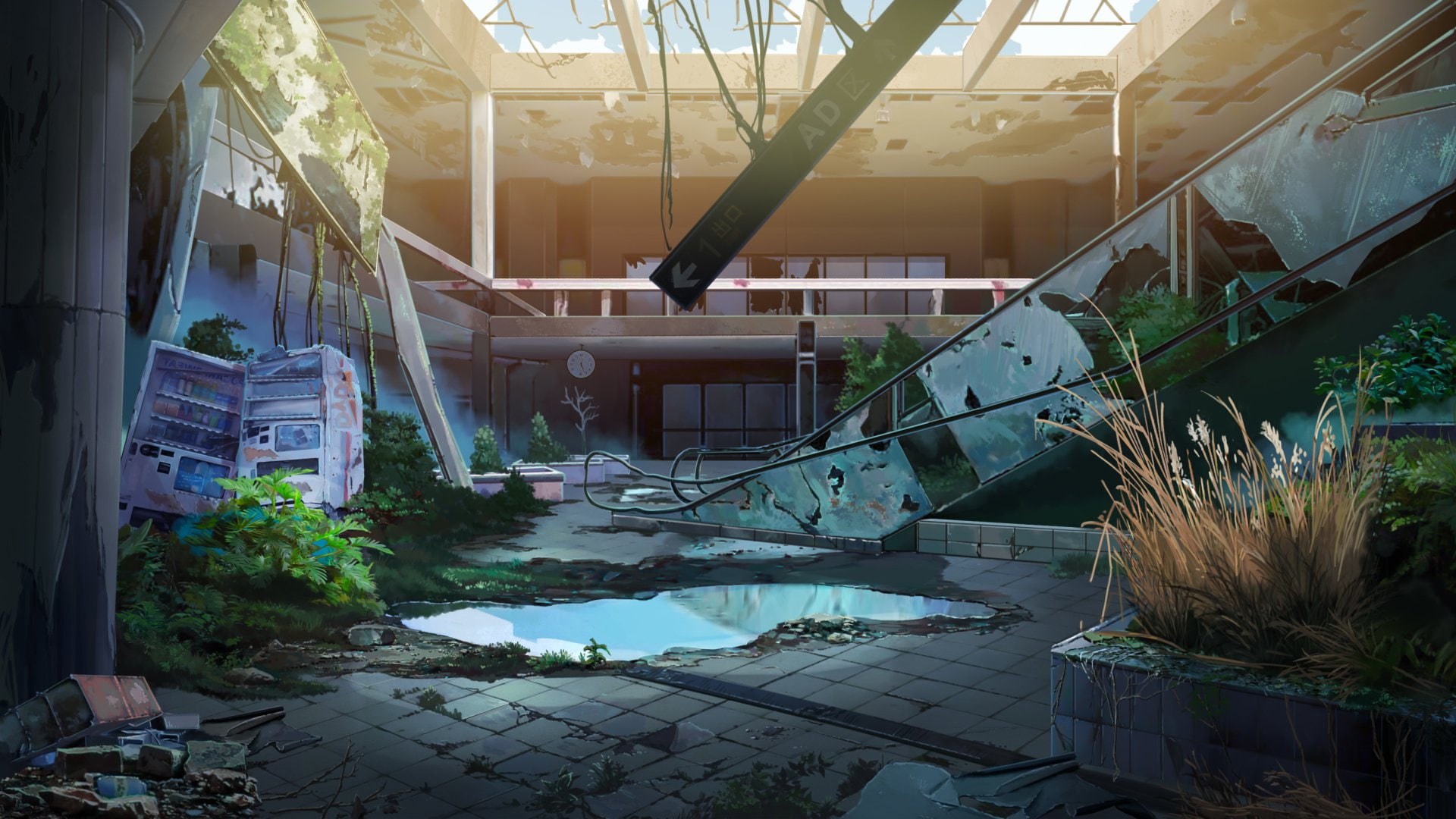 Original, building exterior, nature, destruction, built structure, reflection, Escalator, Anime, architecture, Building, Scenery, front or back yard, ruined, HD Wallpaper
