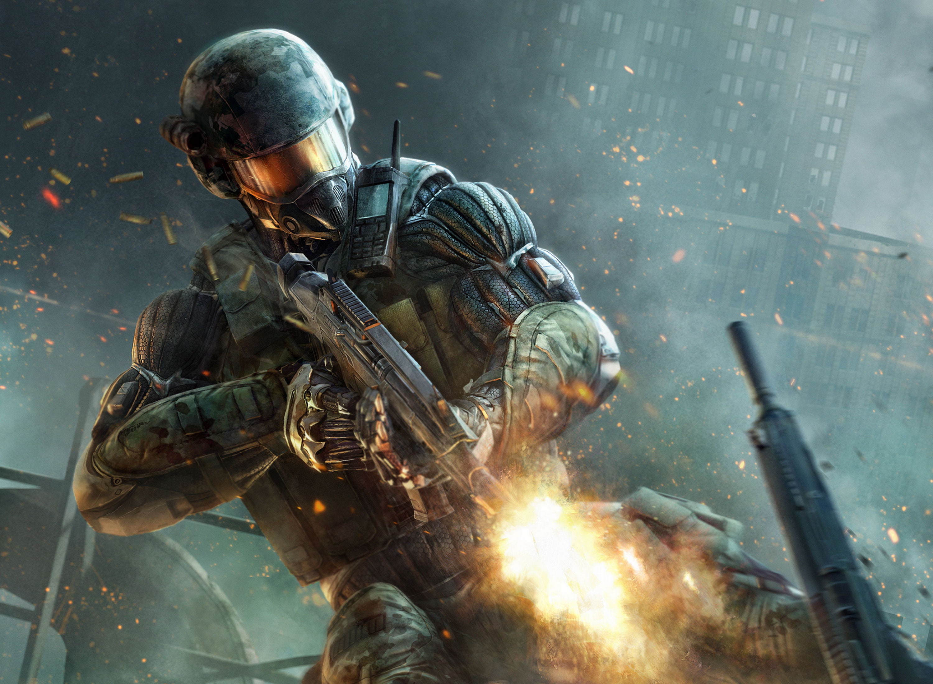 men, military, security, soldier, armed forces, assault, rifle, uniform, gun, clothing, 2K, waist up, helmet, Crytek, Crysis 2, one person, holding, Fire, HD Wallpaper