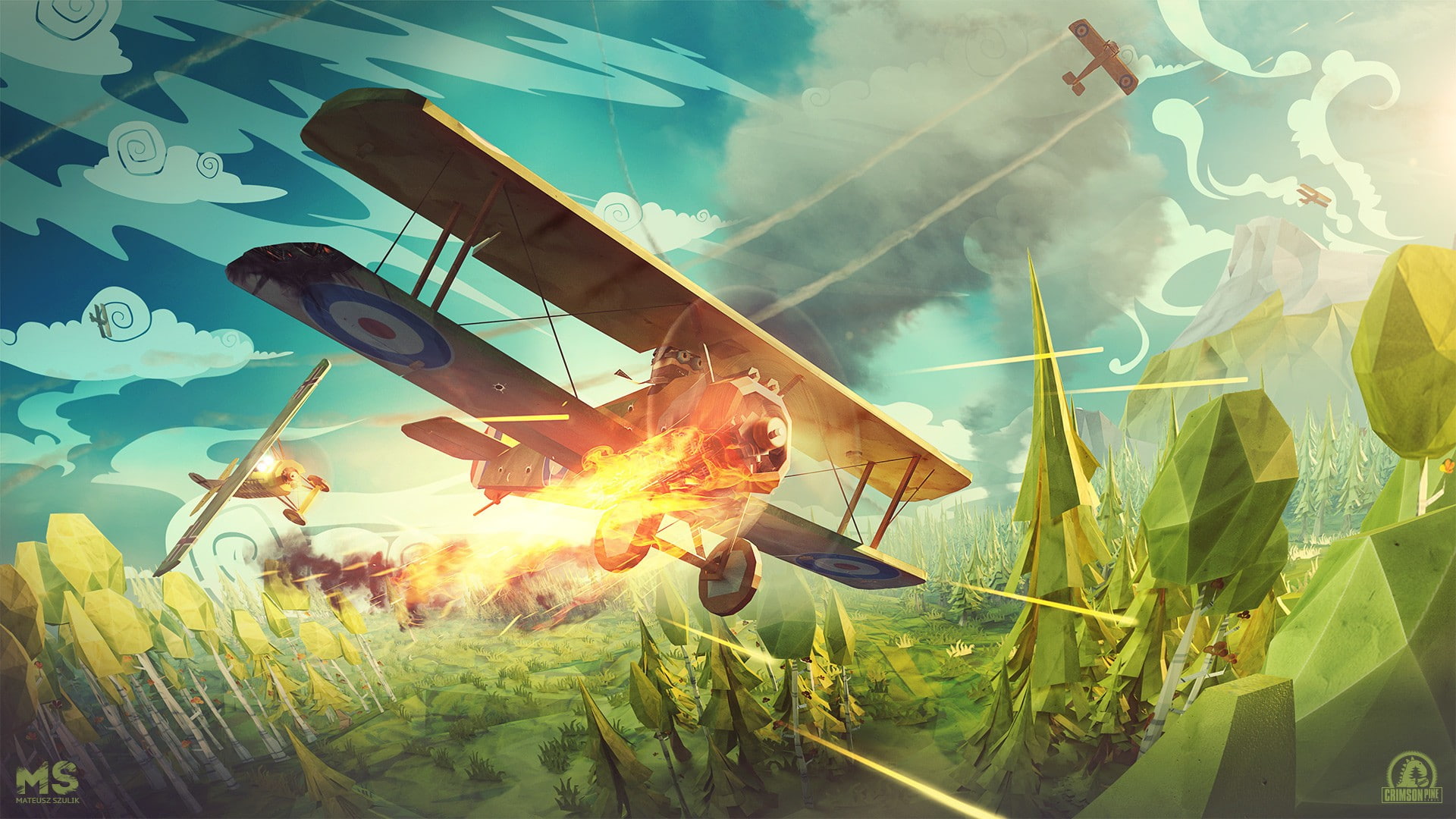 Mateusz Szulik, 1080P, Battlefield heros, forest, Flying, airplane, Low Poly, clouds, smoke, Contrails, Propeller, biplane, Trees, battle, digital art, HD Wallpaper