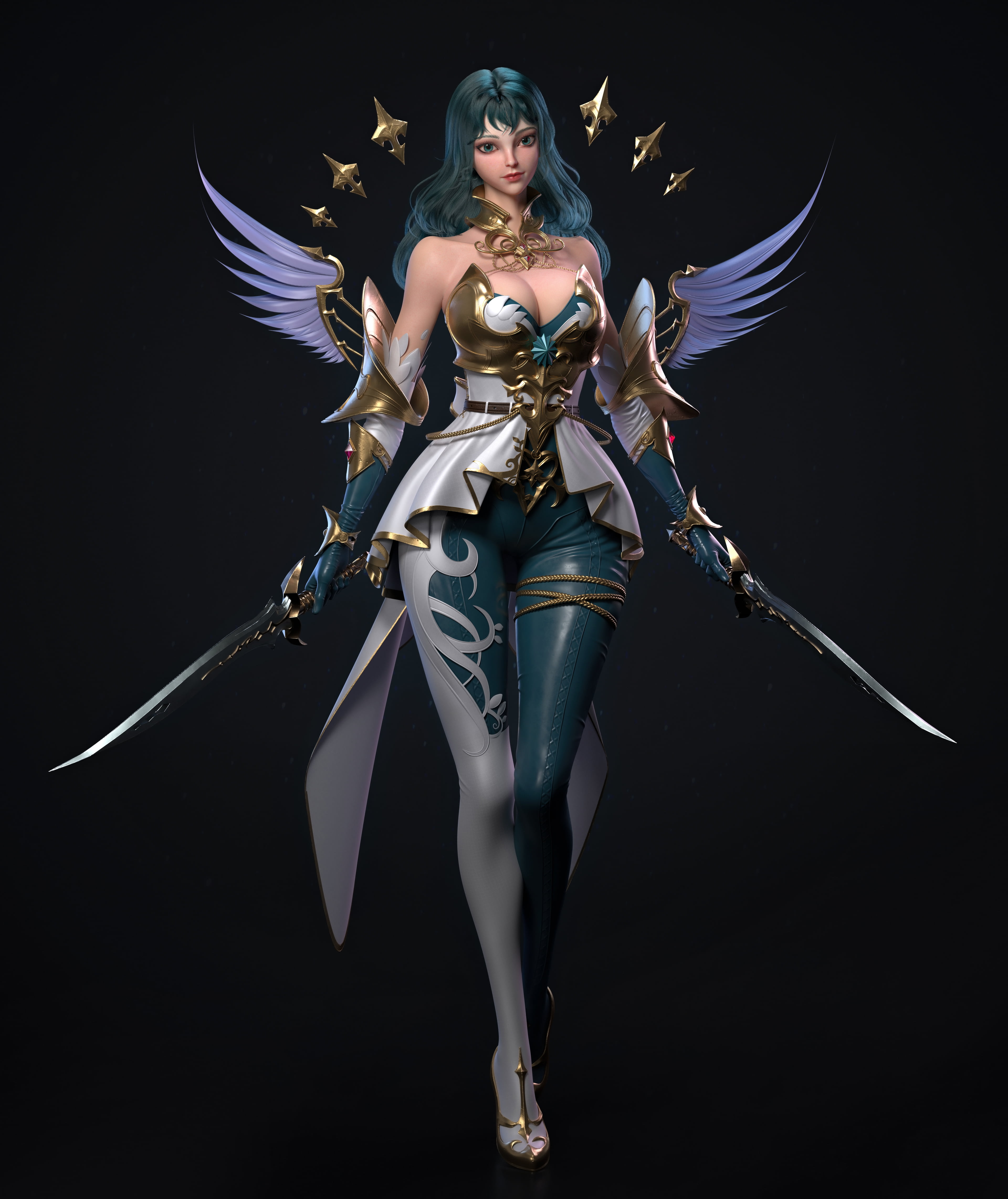 blue eyes, wings, CGI, simple background, turquise hair, turquoise eyes, women, Cifangyi, blue hair, long hair, sword, warrior, weapon, 4K, armor, Phone HD Wallpaper