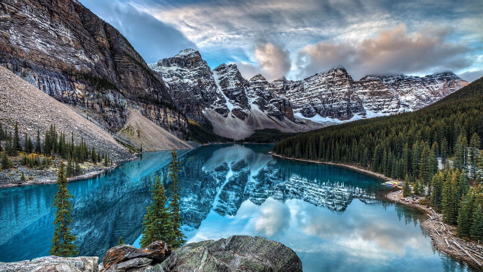 clouds, mountains, snowy mountain, lake, 1080P, reflection, nature, turquise, trees, forest, snow, HD Wallpaper