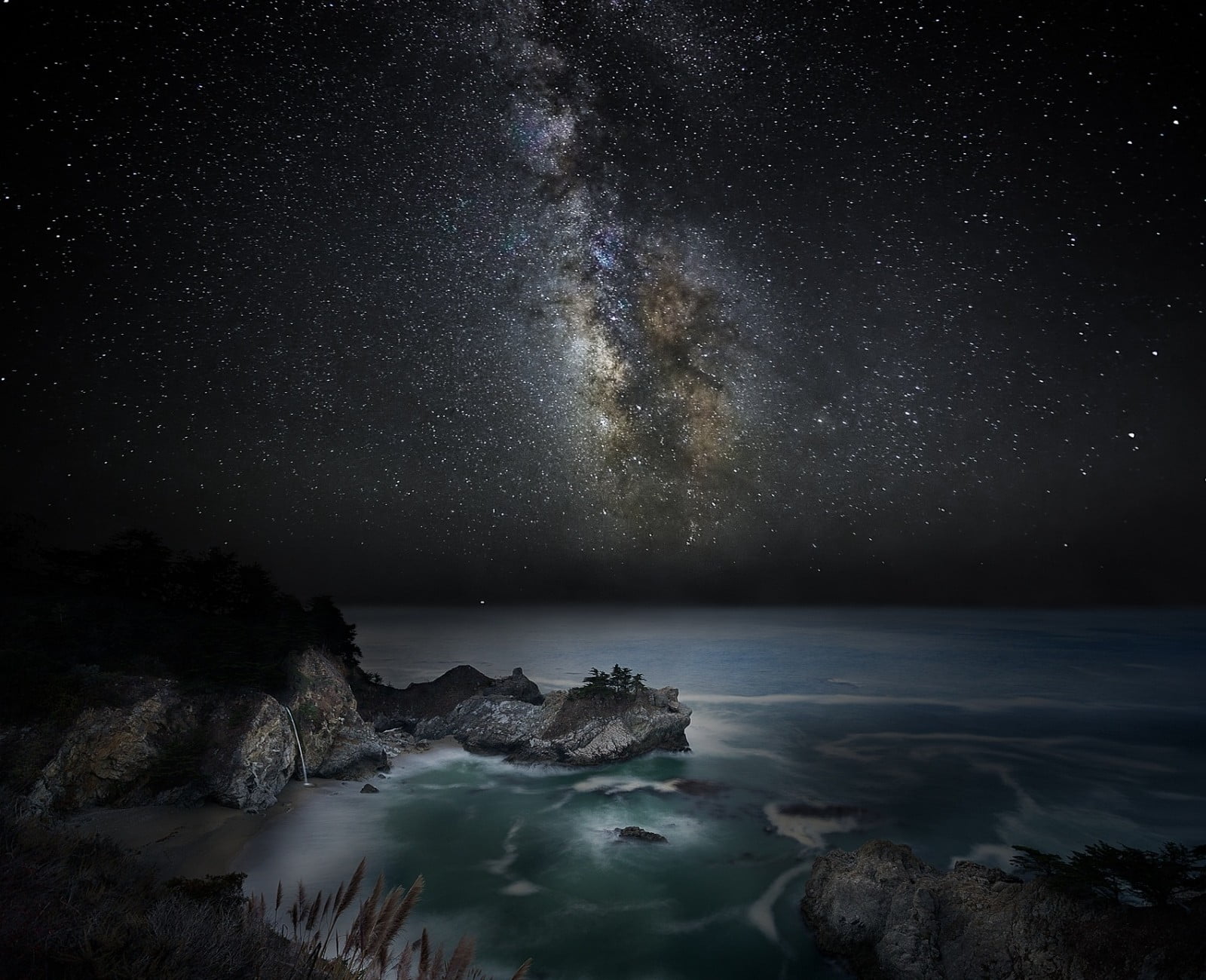 sky, space and astronomy, space, star, coast, astronomy, beach, waterfall, galaxy, starry night, Milky Way, sea, dark, landscape, rock, photography, tranquility, HD Wallpaper