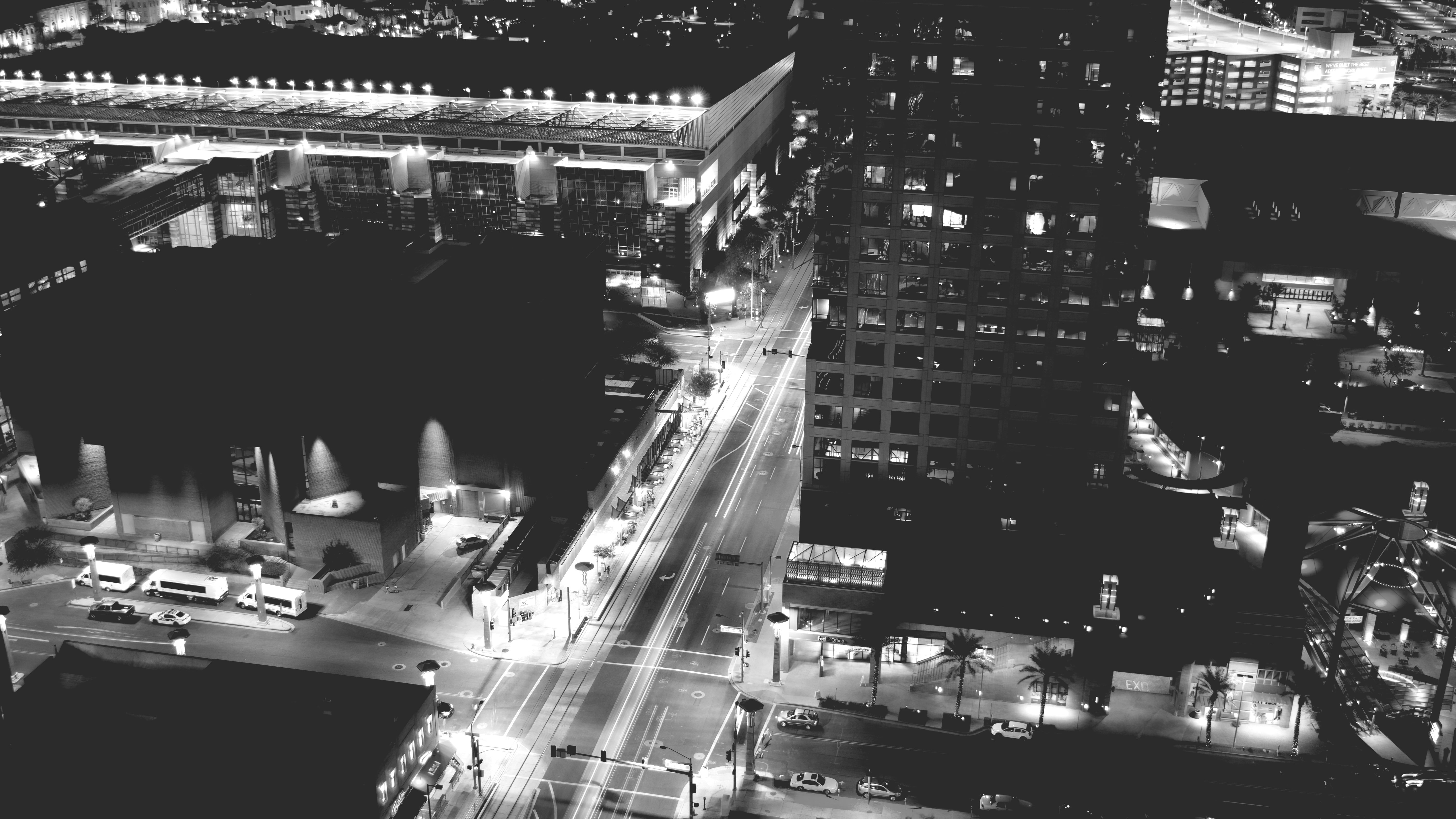 transportation, road, monochrome, car, nightlife, night, building exterior, Photoshop, photography, long exposure, illuminated, city life, building, motor vehicle, HD Wallpaper