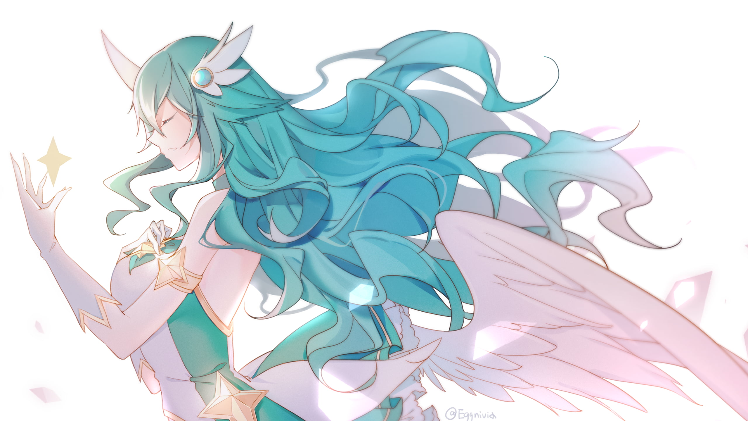 green hair, artwork, video games girls, white horns, Star Guardian, wings, fan art, video game characters, Riot Games, Star Guardian Soraka, 2K, illustration, HD Wallpaper