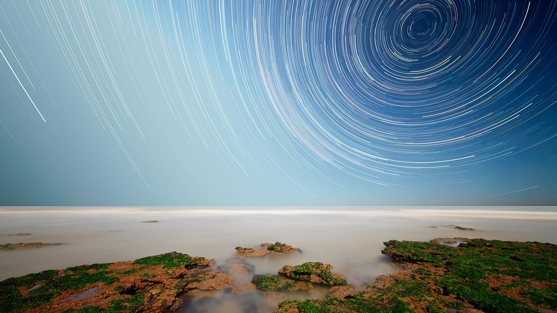star trail, space, long exposure, water, motion, beauty in nature, star trails, tranquility, no people, digital composite, land, blurred motion, sky, concentric, HD Wallpaper