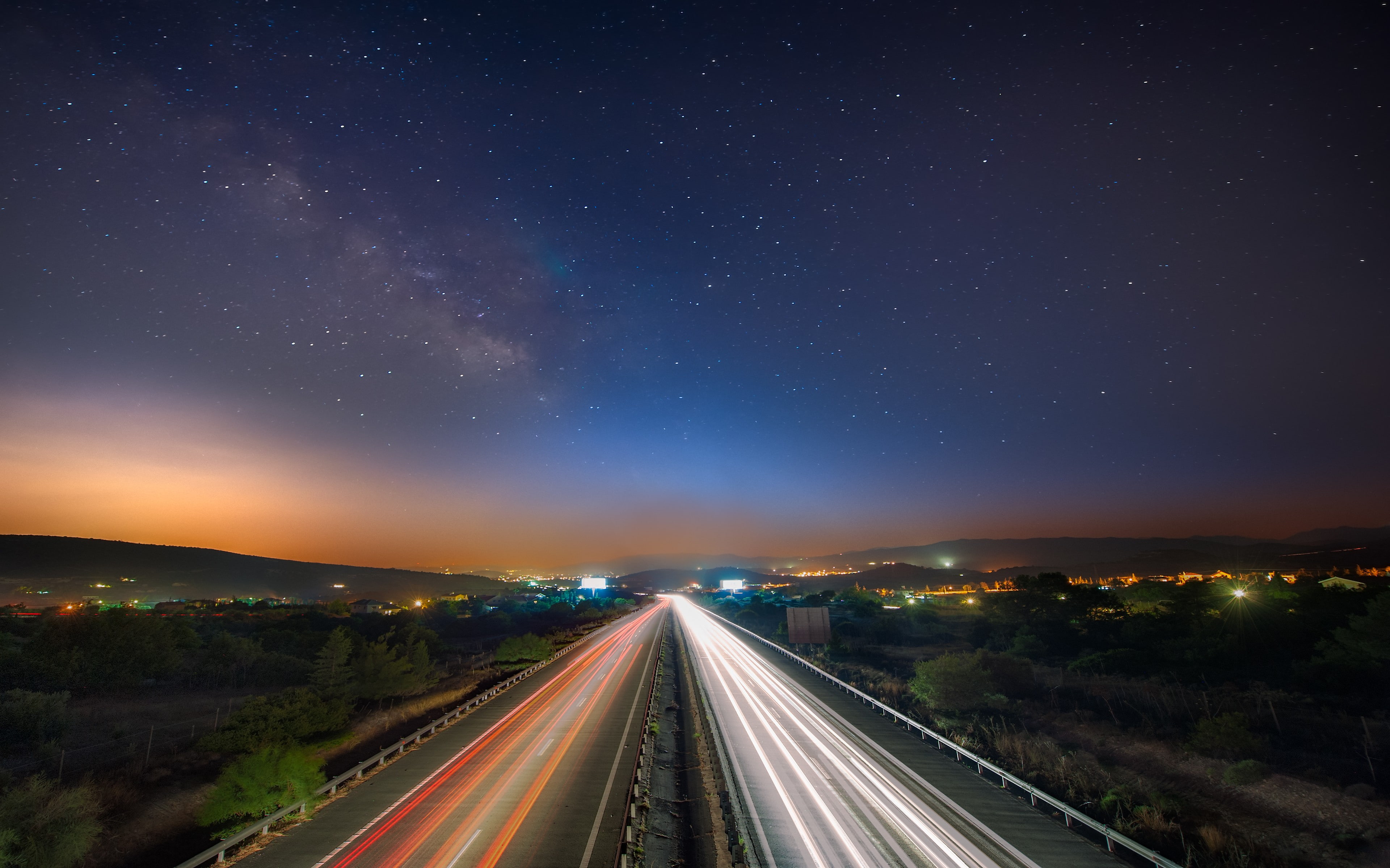 mountains, 4K, city, stars, road, light trails, HD Wallpaper