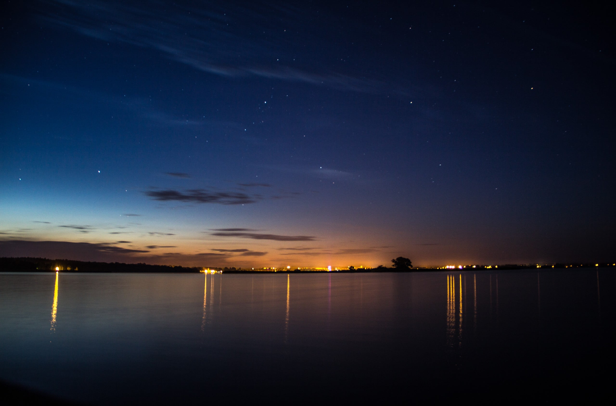 tranquil scene, reflection, astronomy, scenics - nature, star trails, bright, lake, cloud - sky, Miki Karkowski, Masuria, 2K, night, sea, beauty in nature, HD Wallpaper