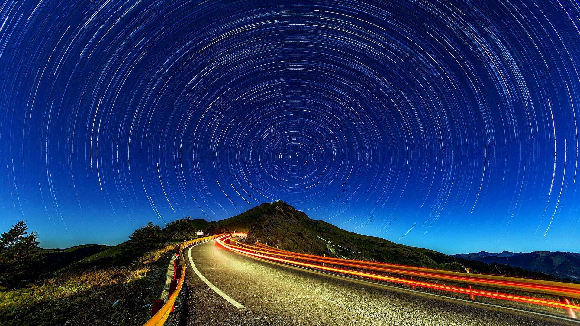 design, way, 1080P, motion, digital, stars, road, star trails, starry, art, tunnel, light, lights, sky, HD Wallpaper