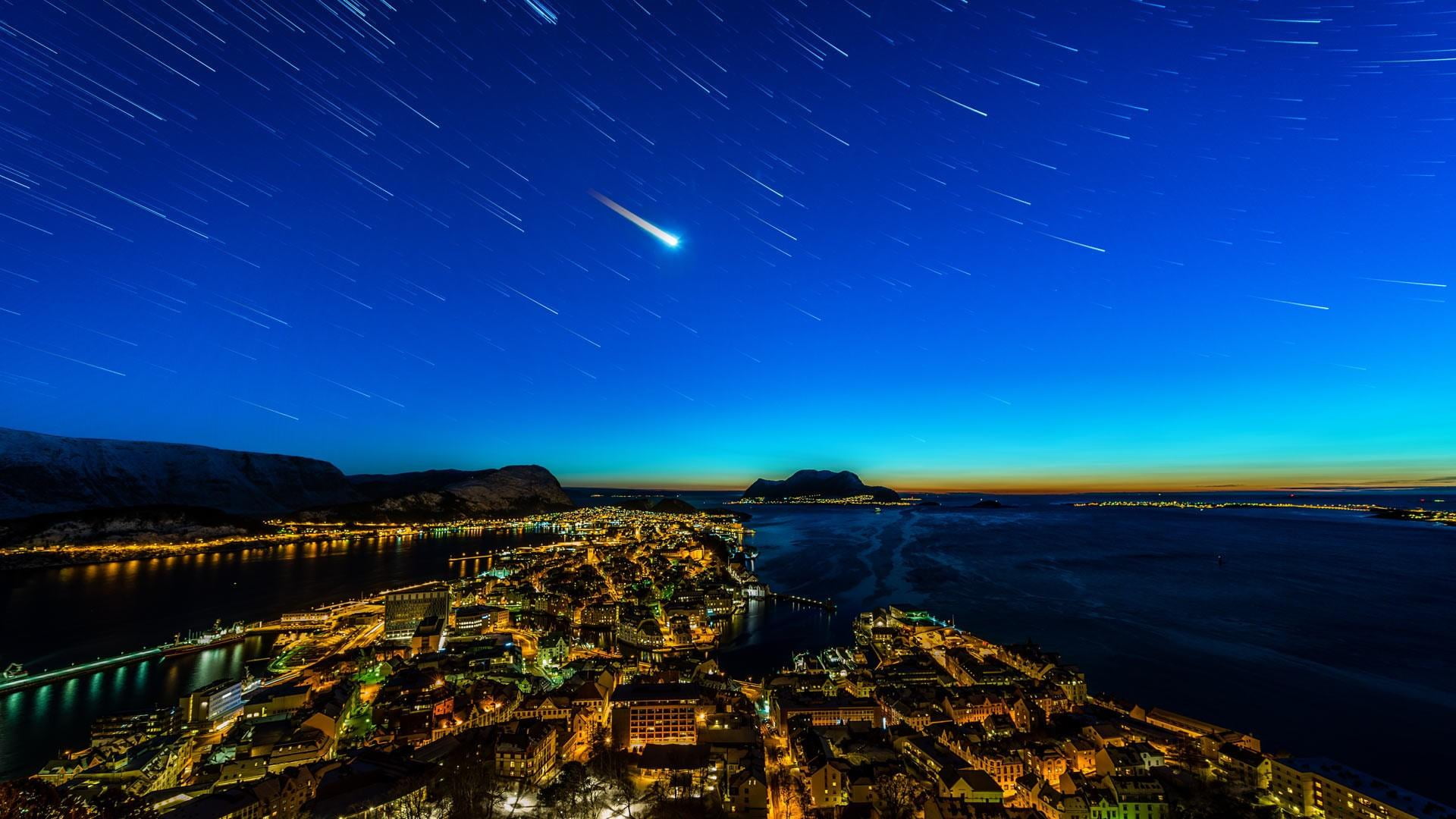 star - space, alesund, built structure, astronomical object, water, illuminated, sky, space, star trail, night sky, starry night, norway, galaxy, astronomy, HD Wallpaper
