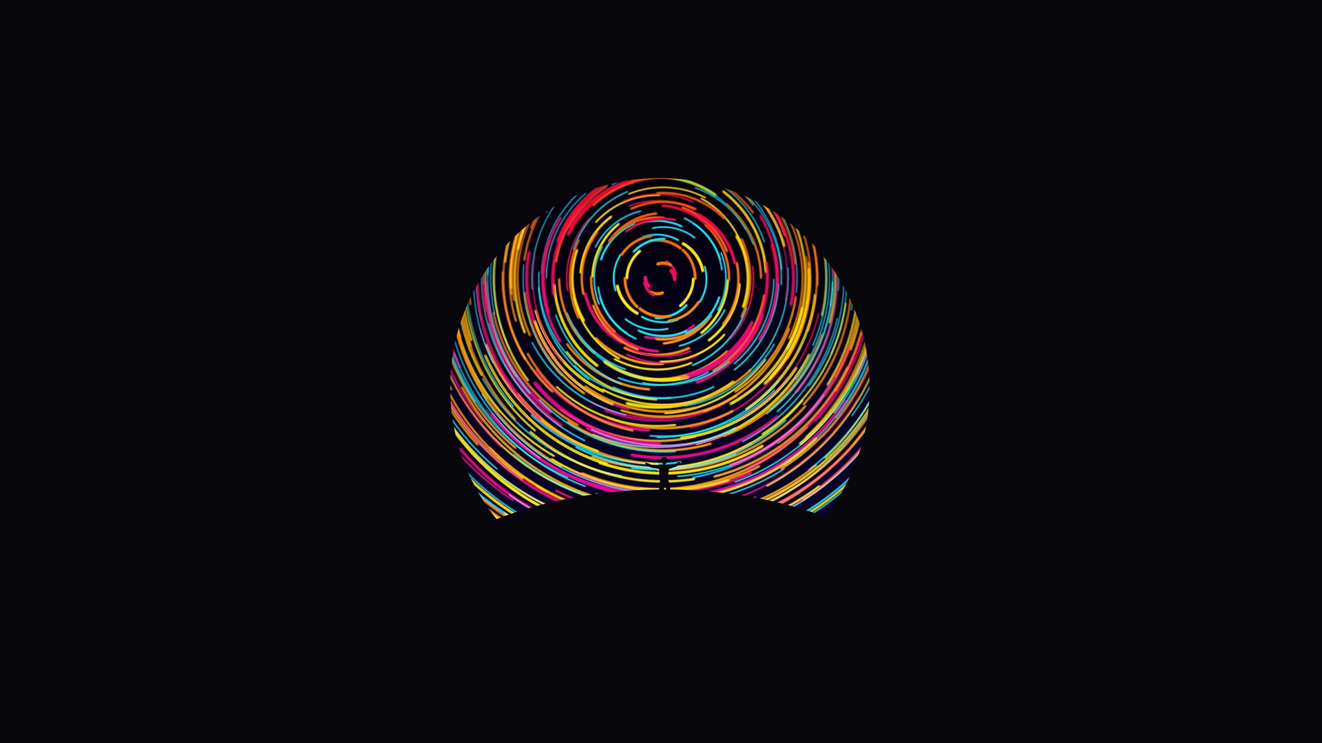 black background, star trails, 1080P, men, colorful, abstract, circle, digital art, minimalism, silhouette, HD Wallpaper