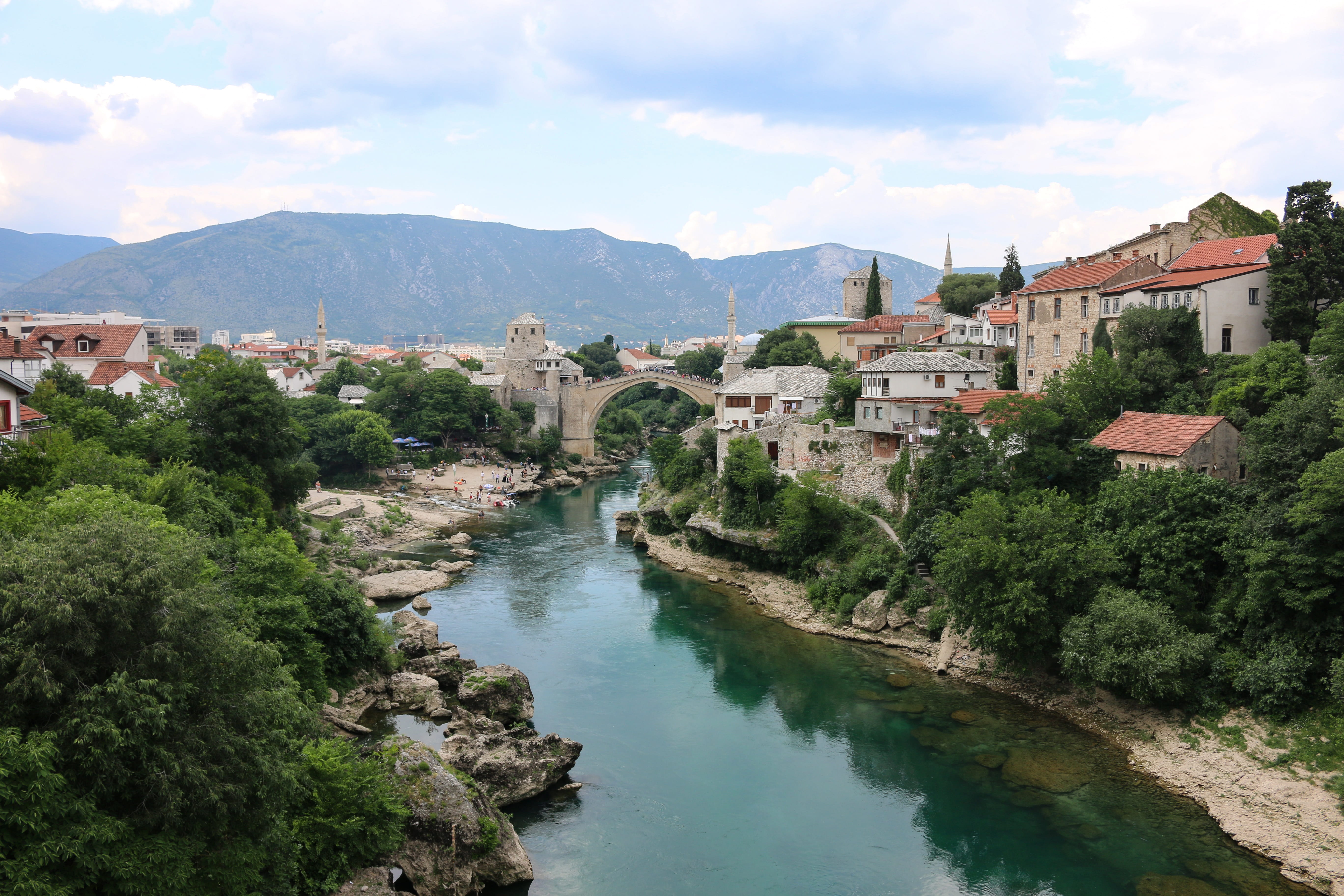 outdoors, mountain, cloud - sky, bridge, no people, river, water, nature, herzegovina, residential district, town, architecture, historic center, day, landmark, HD Wallpaper