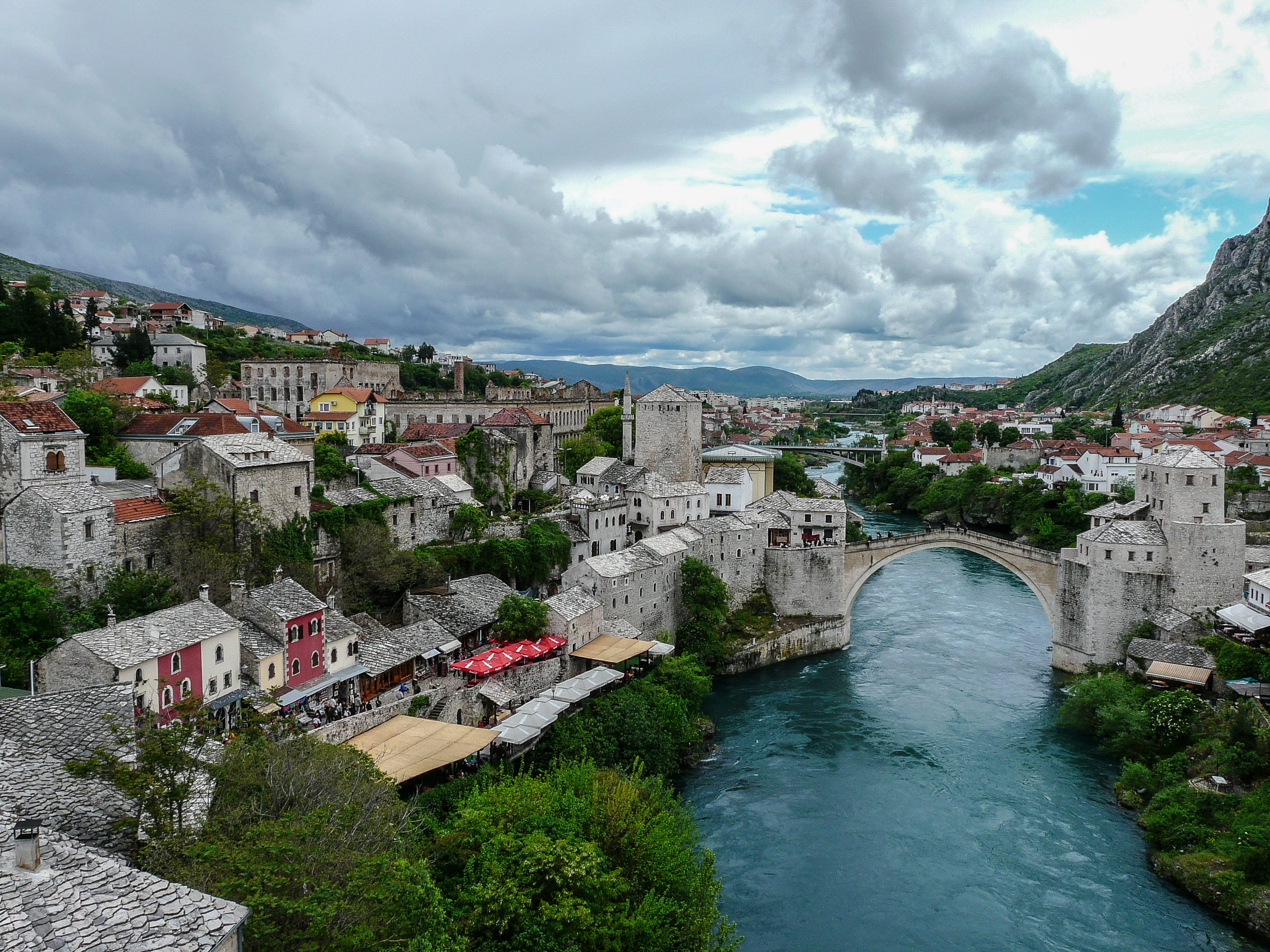 italy, high angle view, clouds, travel, stream, building, old bridge, history, cityscape, nature, body, village, travel destinations, built structure, Europe, HD Wallpaper