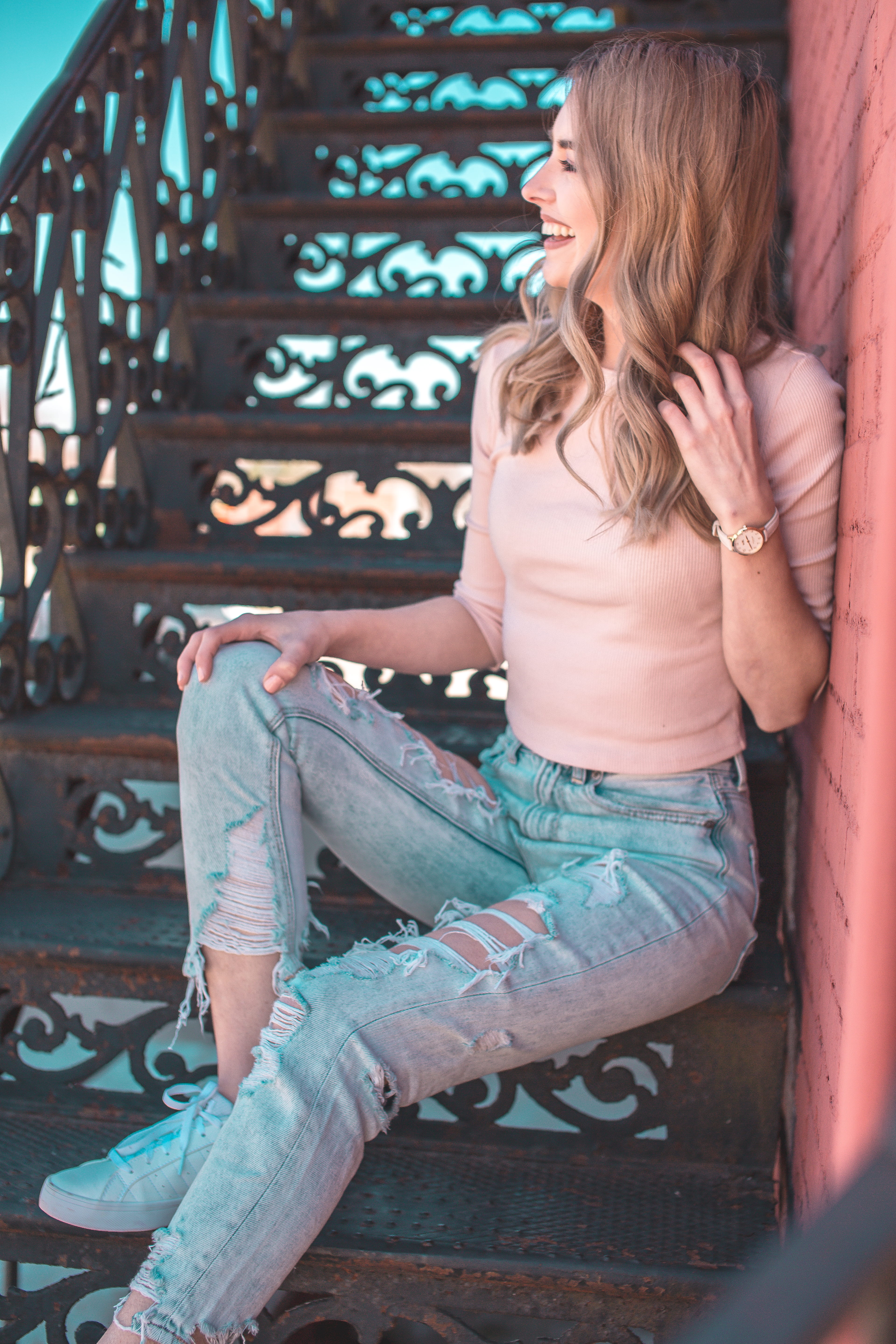 young adult, happy, real people, pink, beauty, washed, casual clothing, staris, long hair, sleeved, leisure activity, adult, shoe, young women, hair, architecture, Phone HD Wallpaper