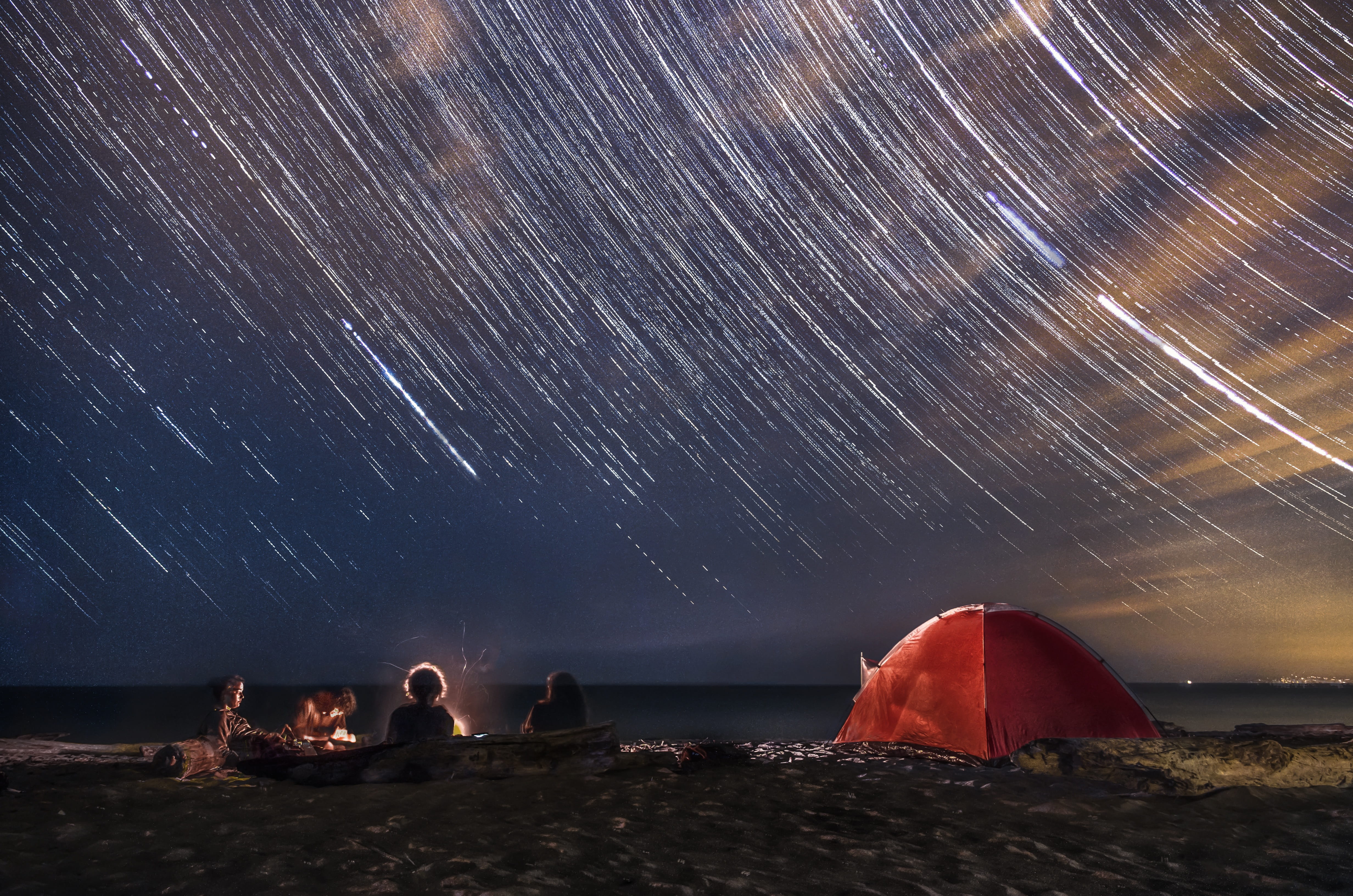 stars, tranquil scene, astronomy, star trail, sky, beach, startrail, 4K, space and astronomy, sea, sand, camping, milky way, constellation, star, nature, HD Wallpaper