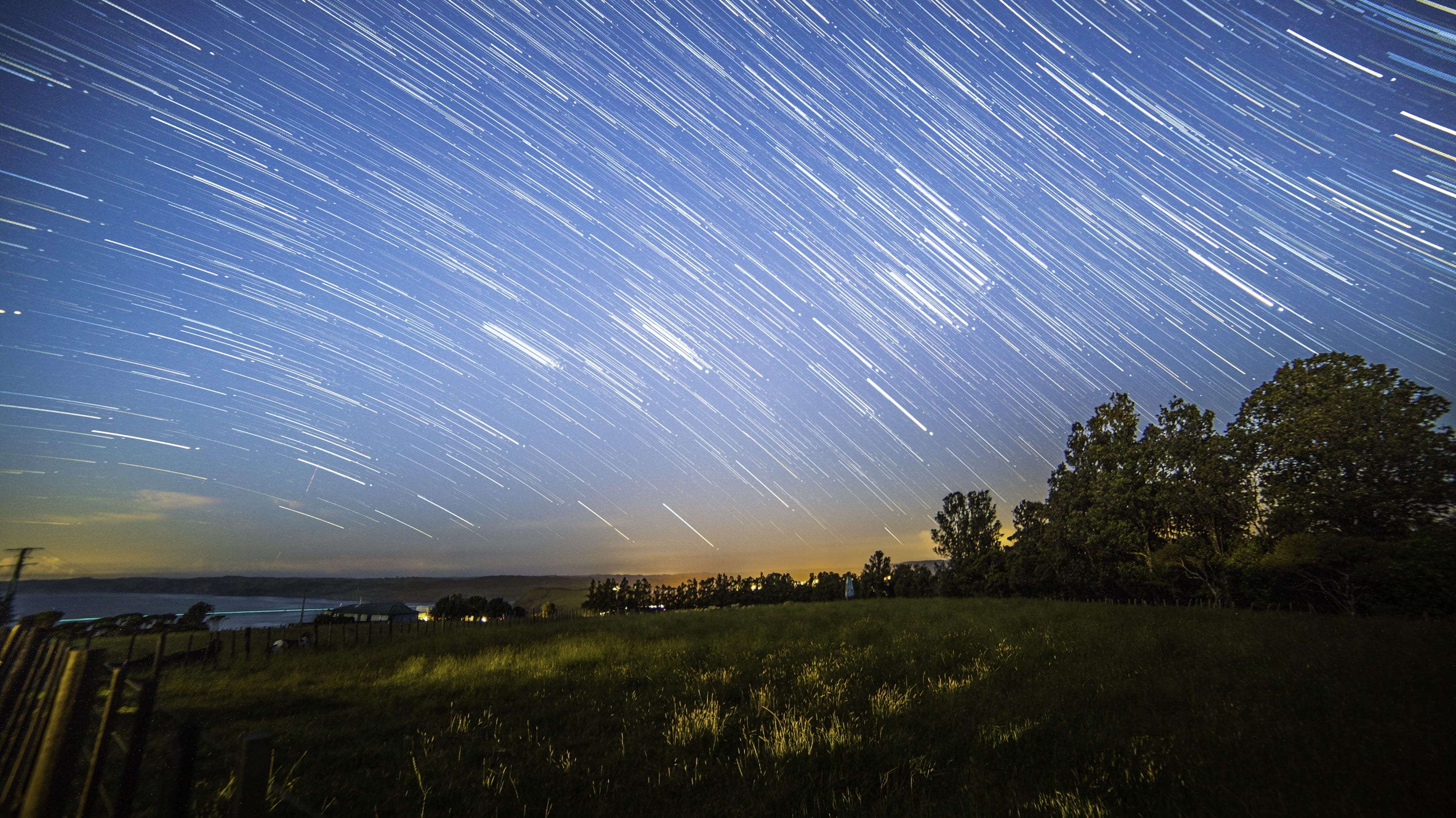 night, 2K, startrail, space, milky way, galaxy, nature, sky, landscape, blue, tree, tranquil scene, color, body, space and astronomy, tranquility, HD Wallpaper