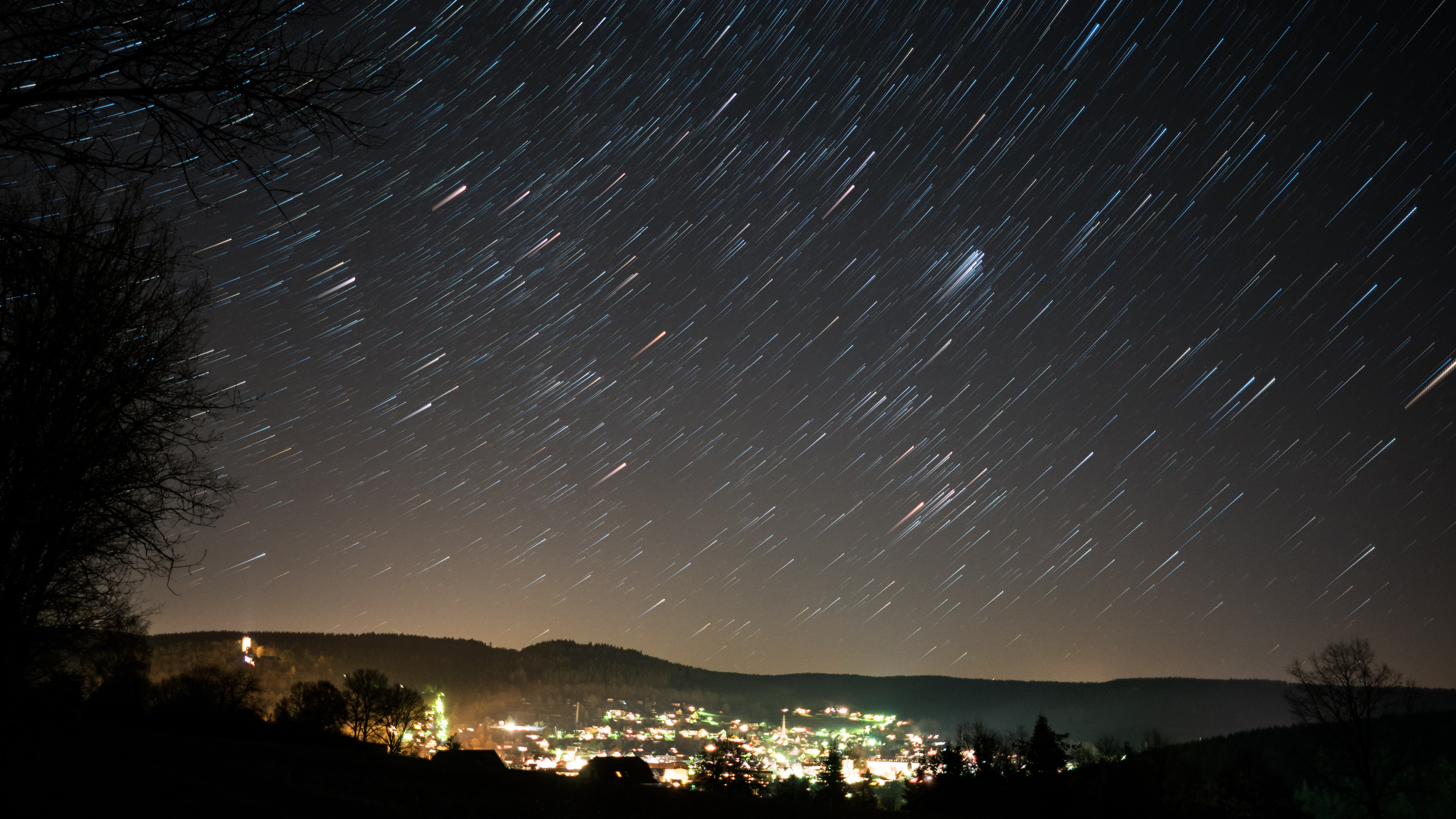5K, sky, night, architecture, tranquility, tranquil scene, star - space, 5k, startrails, star trail, tree, illuminated, space and astronomy, night sky, HD Wallpaper