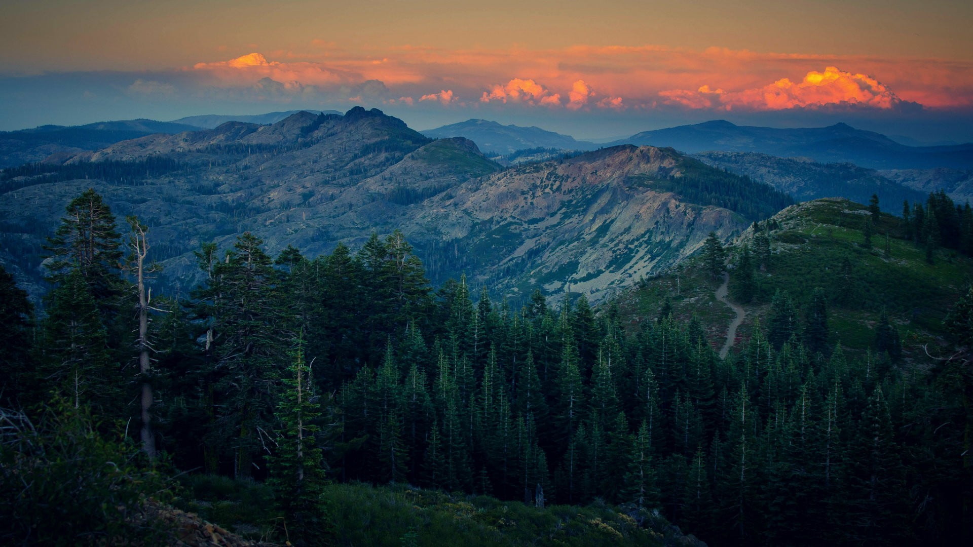 environment, 1080P, nature, tranquility, sunset, outdoors, mountain, sky, travel destinations, mountains, plateau, coniferous tree, tranquil scene, plant, HD Wallpaper