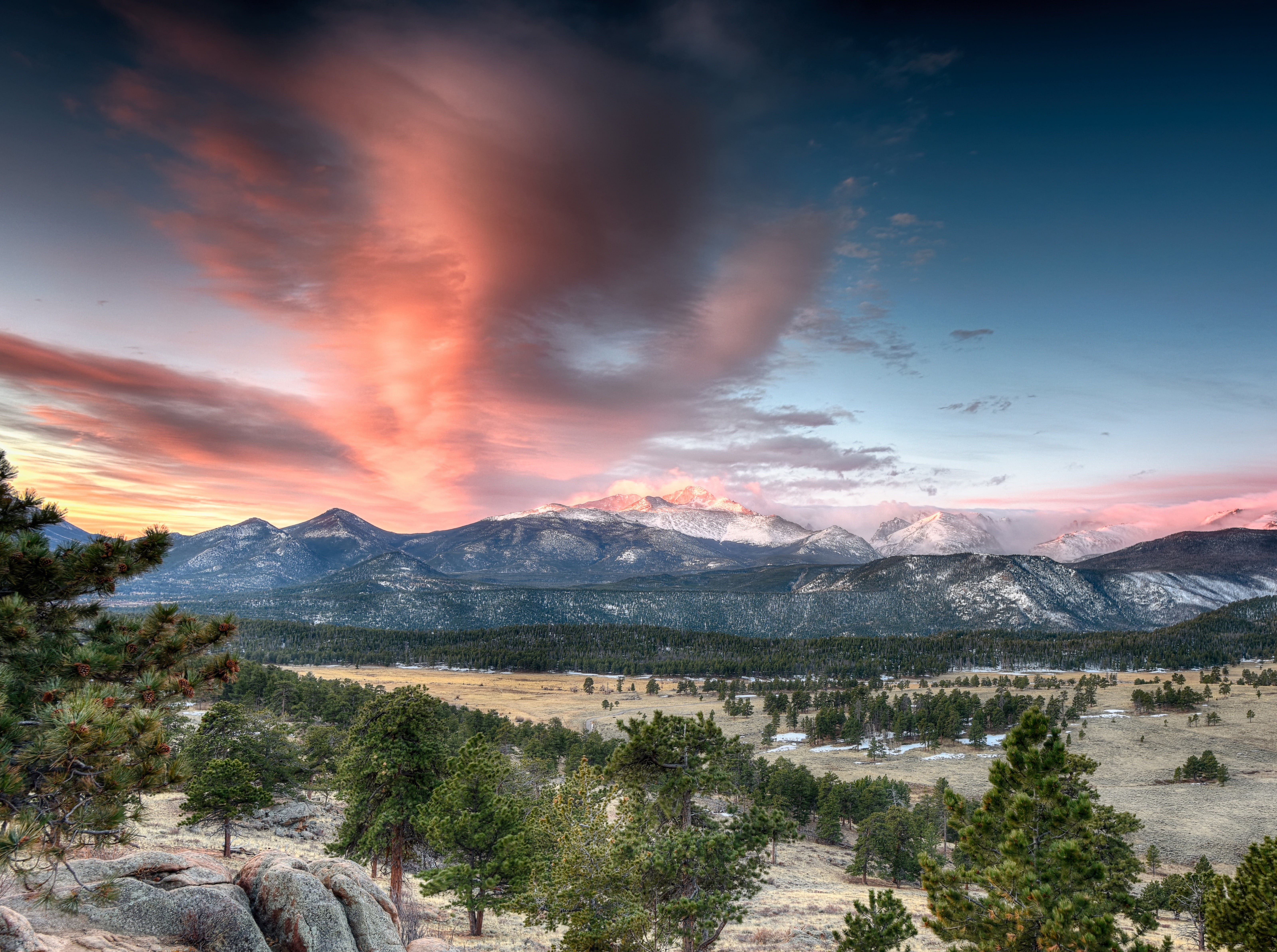 Clouds, estes, Tour, sky, morninglight, Nature, environment, mountain range, winter, no people, Adventure, plant, Colorado, RockyMountains, 5K, Morning, HD Wallpaper