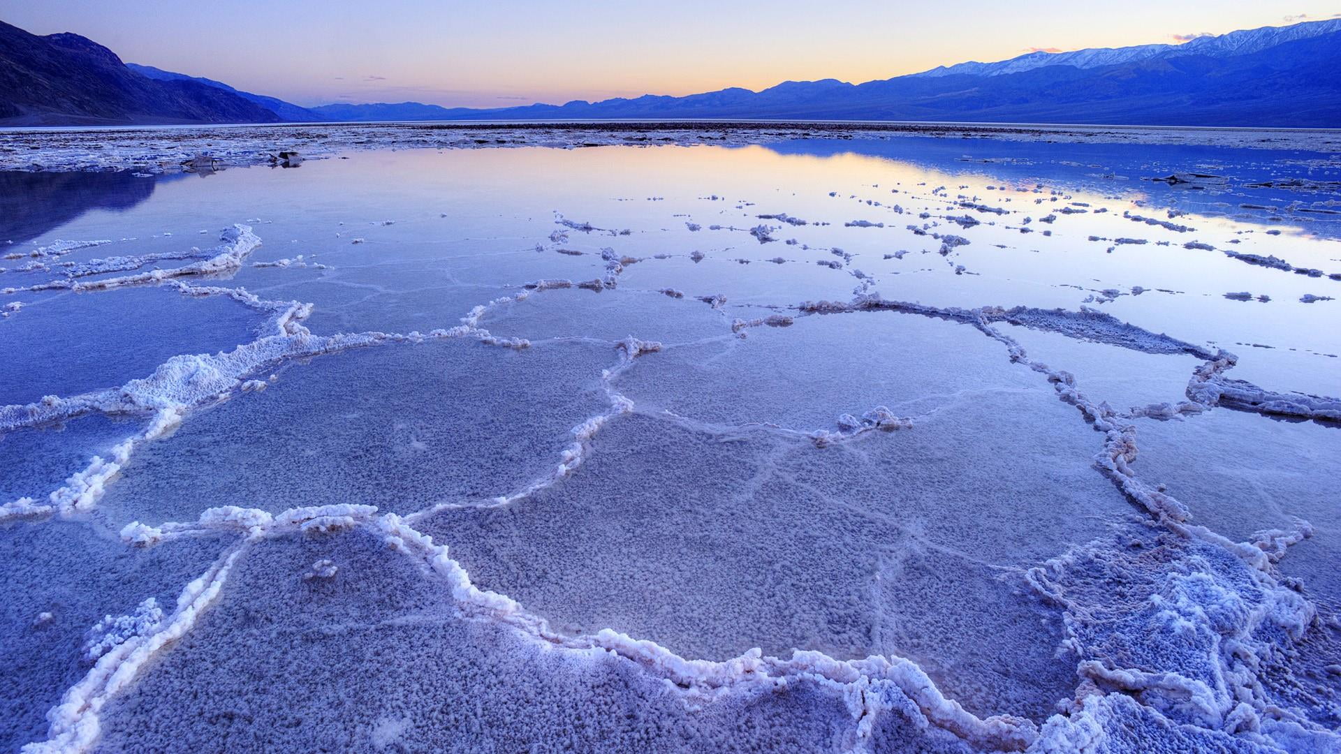 nature, sky, lagoon, national park, salt, blue, beauty in nature, lake, death valley, badwater basin, water, saltwater, ice, scenics - nature, snow, landscape, HD Wallpaper