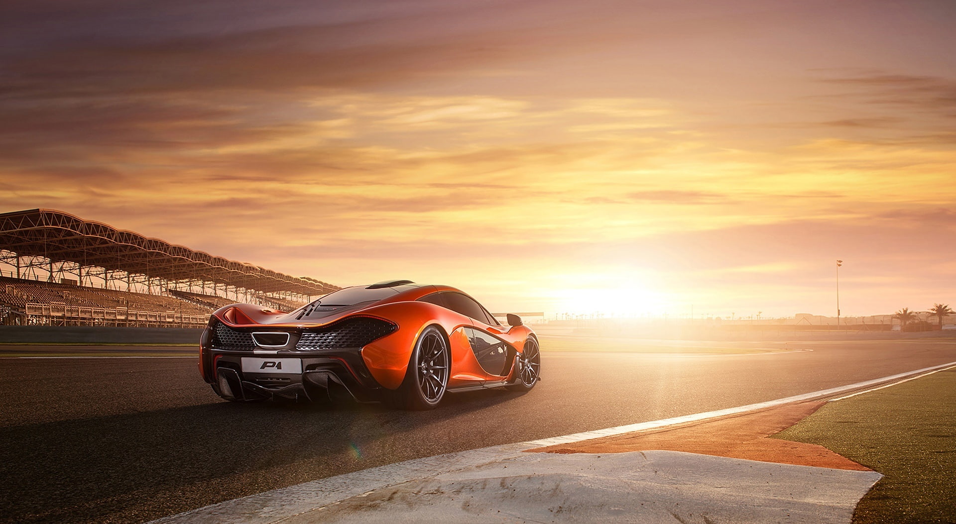 1080P, road, sports, wheel, Cars, motor vehicle, road trip, journey, Racetrack, McLaren, sunlight, orange, transportation, sun, sports car, cloud - sky, HD Wallpaper