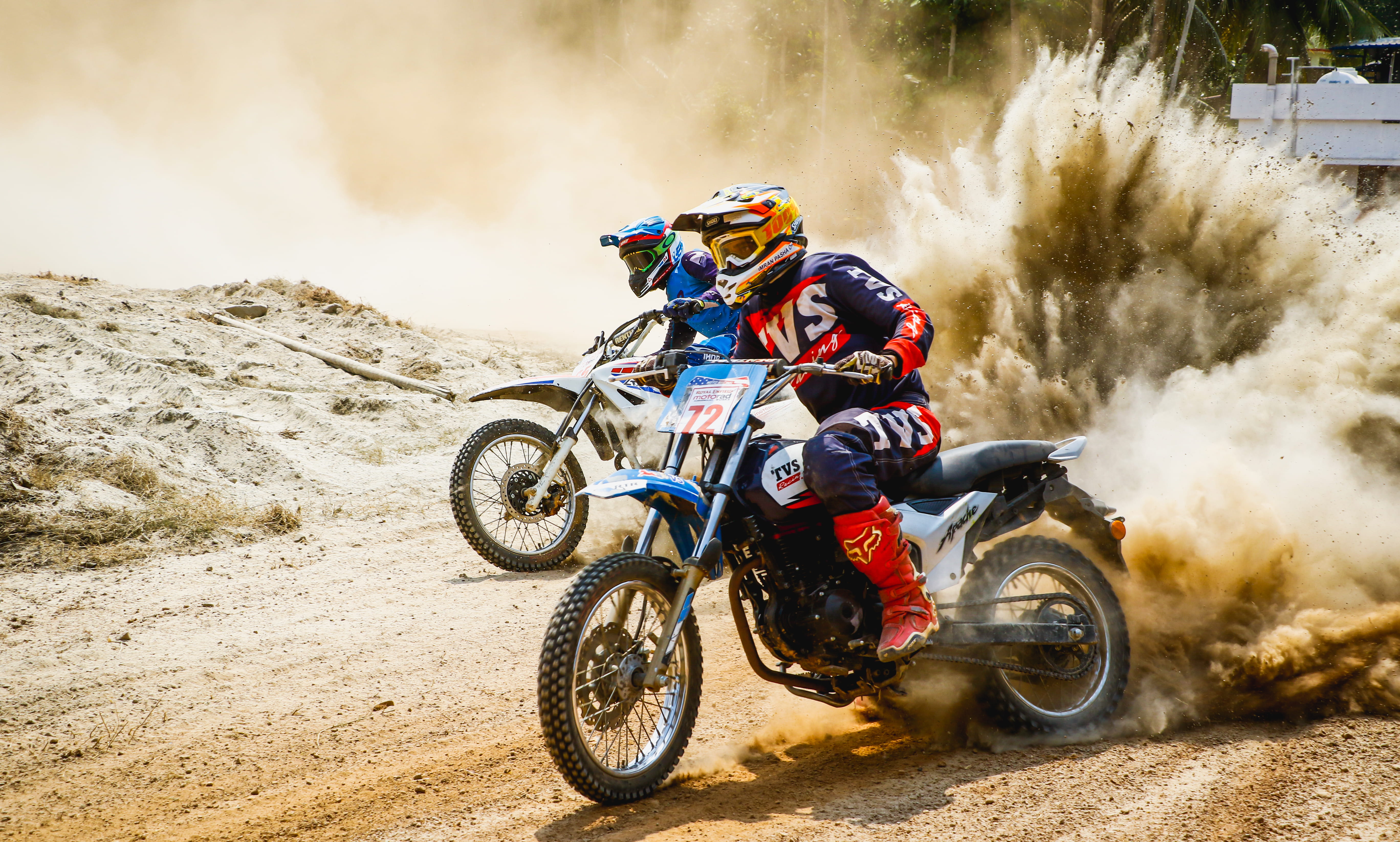 person, sand, motion, fight, clothing, helmet, kunnamkulam, brown, people, motorcycle, extreme sports, transportation, sports race, two, riding, racetrack, HD Wallpaper