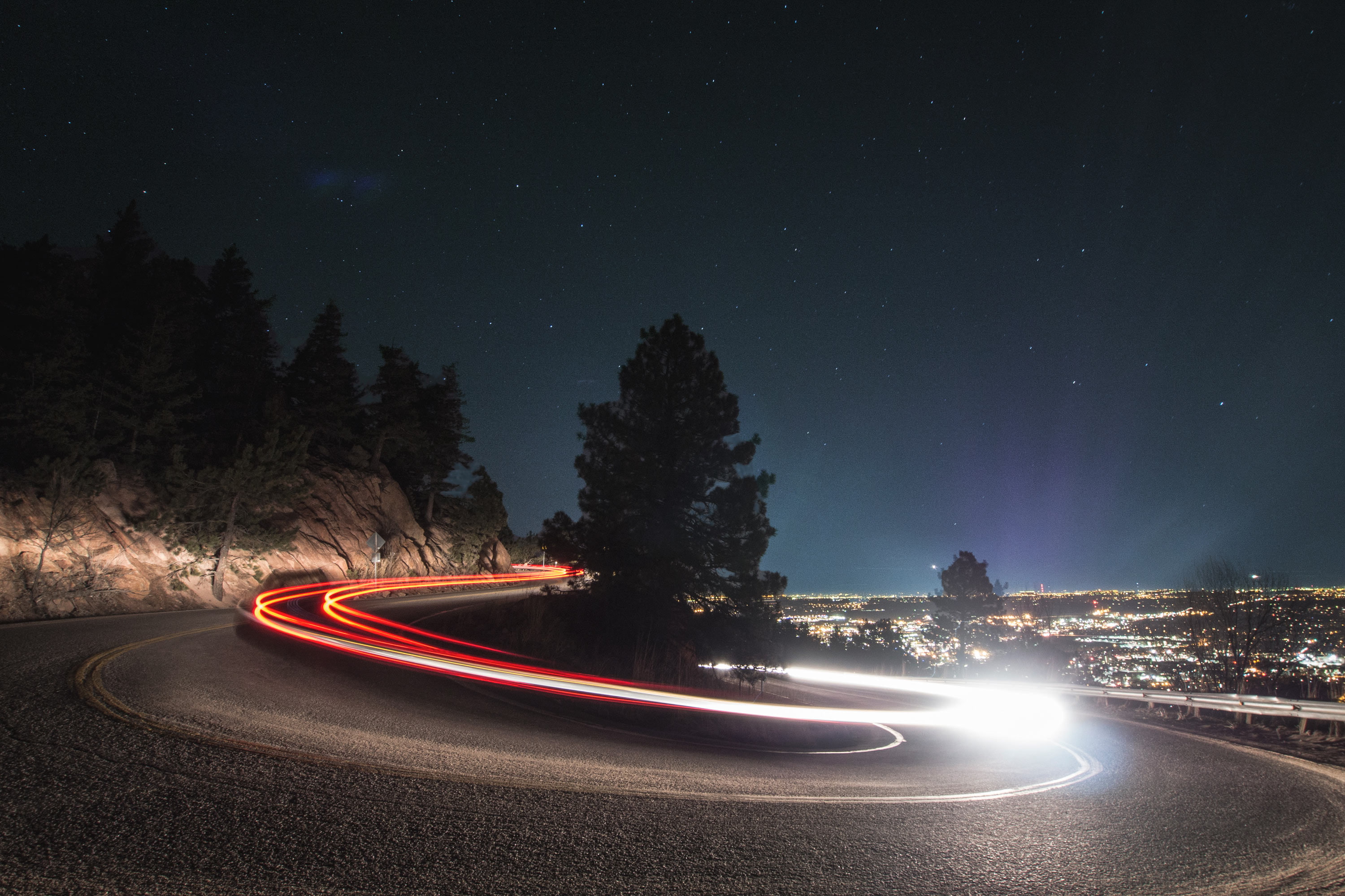 car, road, trees, photography, 2K, city, night sky, lightpaint, HD Wallpaper