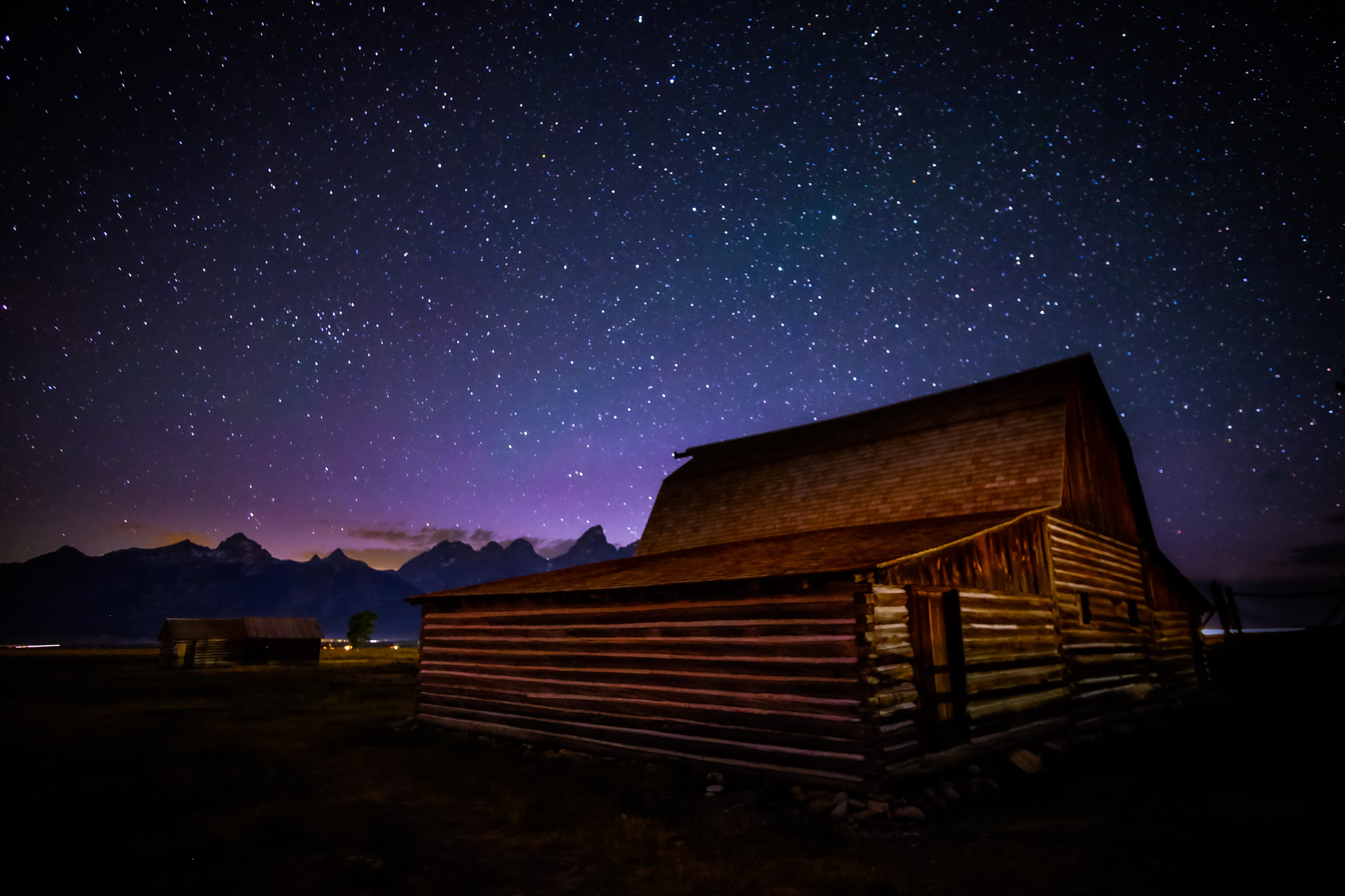 astronomy, purple, wyoming, stars, star, barn, mountain, lightpainting, night, color, star field, scenics - nature, mormon row, 4K, space, blue, moose, HD Wallpaper