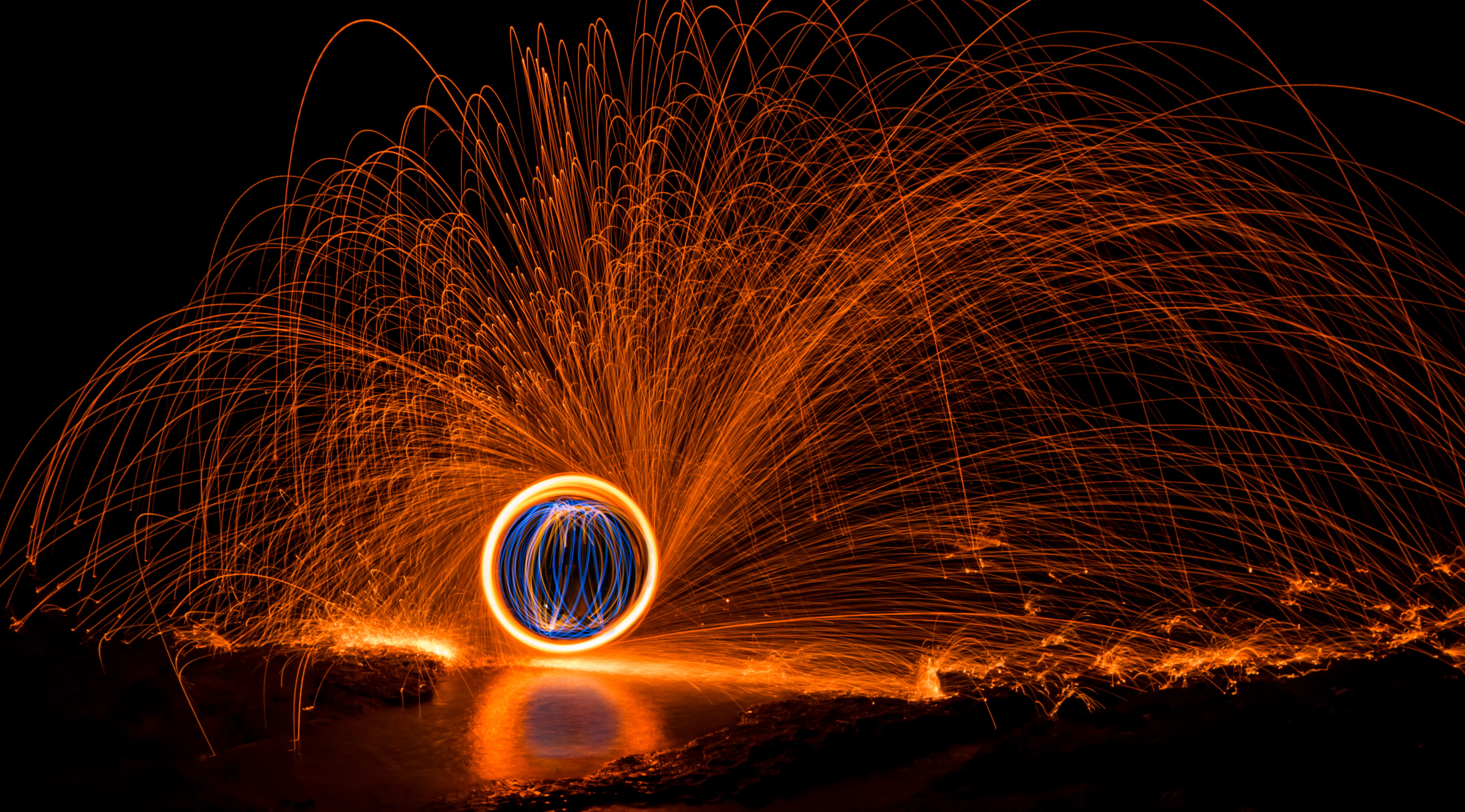 australium, lightpainting, spark, sydney, steel, 4K, wire wool, la perouse, photography, steel wool, fire, sign, orange color, night, circle, HD Wallpaper