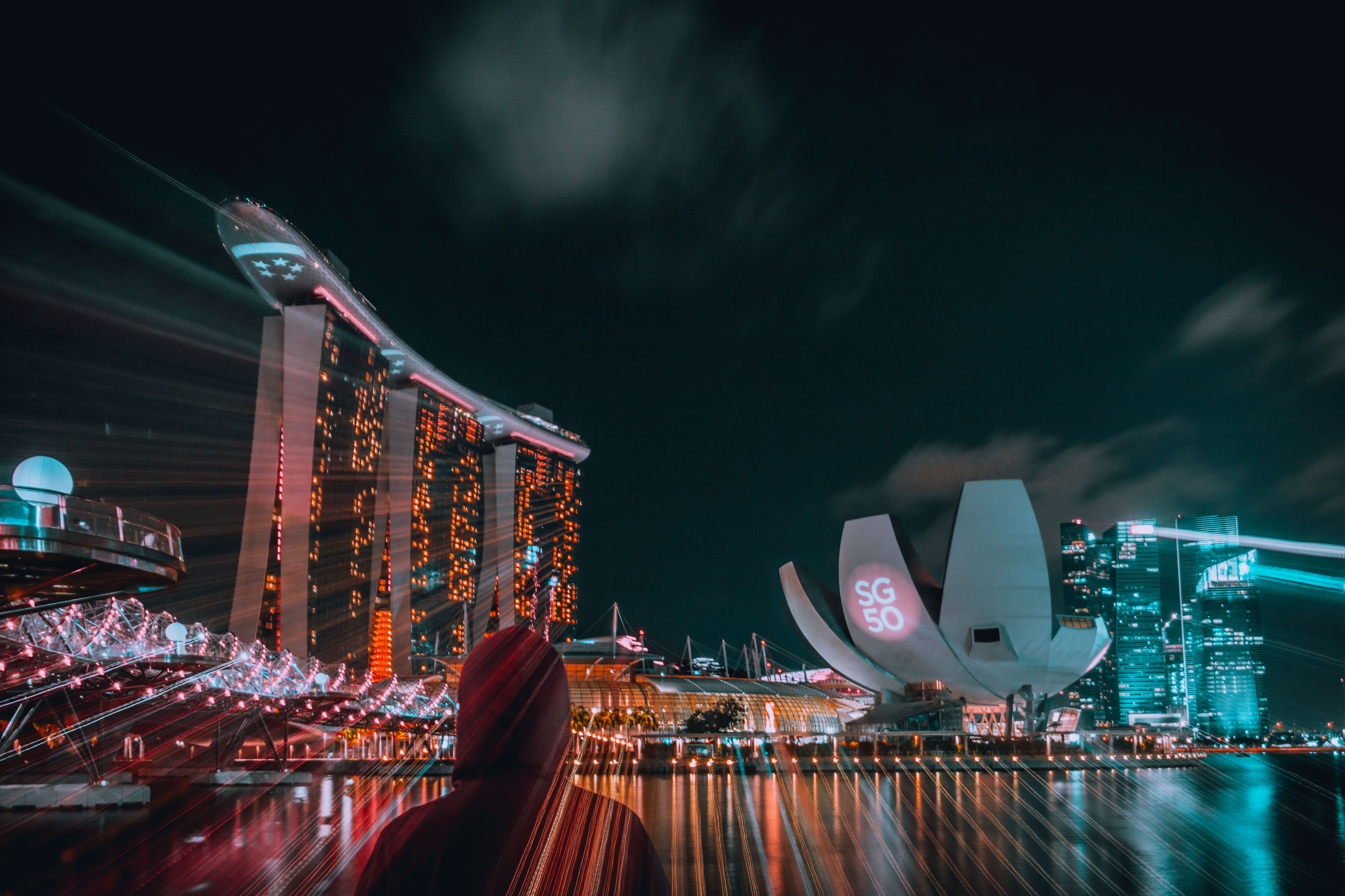 city, building exterior, reflection, light, financial district, travel destinations, nature, marina, night, lightpainting, water, time, lapse, luxury hotel, HD Wallpaper