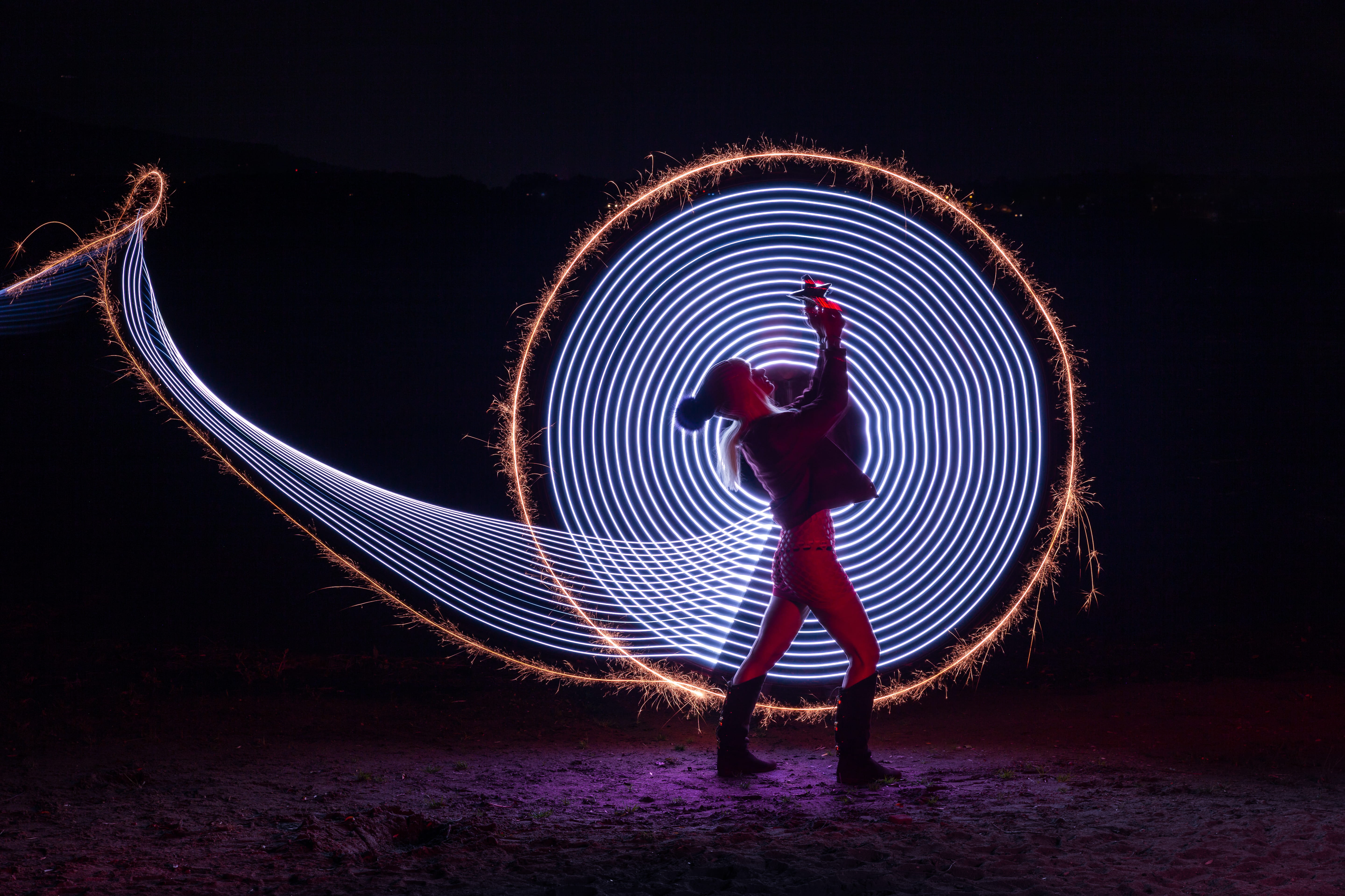 sparkler, night, outdoor, one Person, center, fire, mood, hotpant, led, long exposure, women, adult, 5K, light trail, photography, long hair, dancing, HD Wallpaper