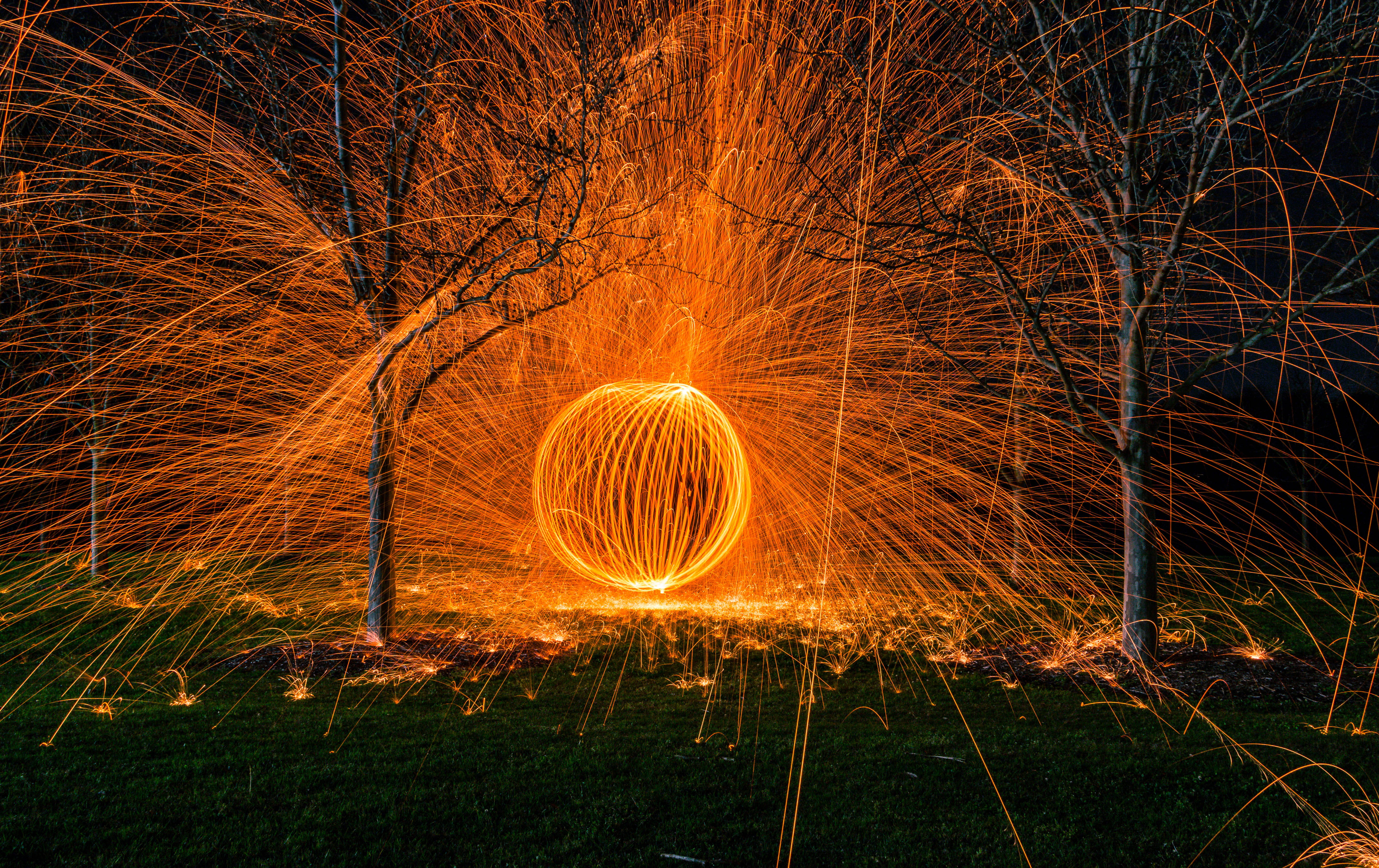glow, glowing, fire - natural phenomenon, orange, burning, trees, australia, orb, sparks, bicentennial park, nature, park, sydney olympic park, spinning, HD Wallpaper