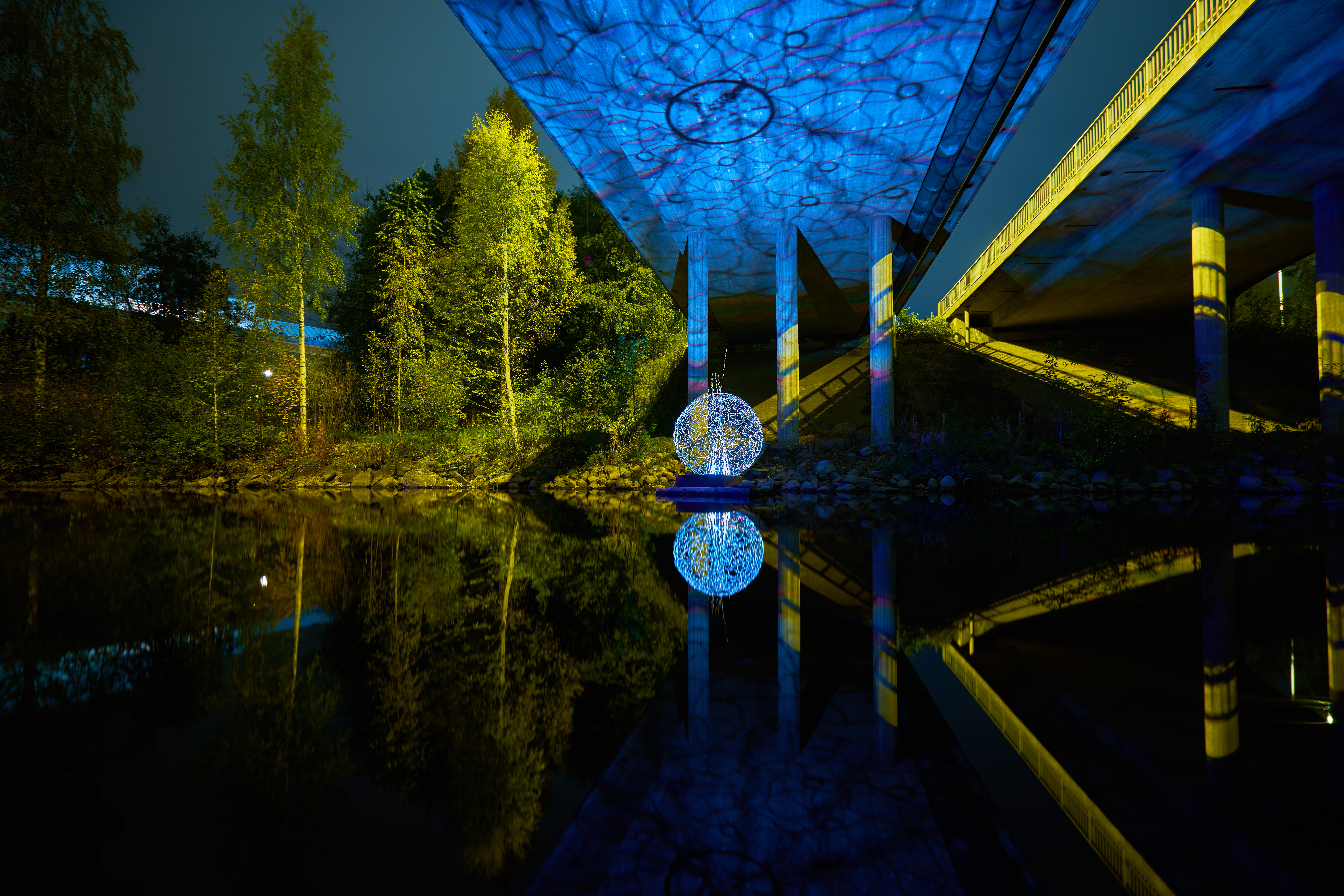 cityscape, valonkaupunki2016, building exterior, lightpaint, architecture, plant, waterfront, dusk, illuminated, water, outdoors, night, reflection, built structure, HD Wallpaper